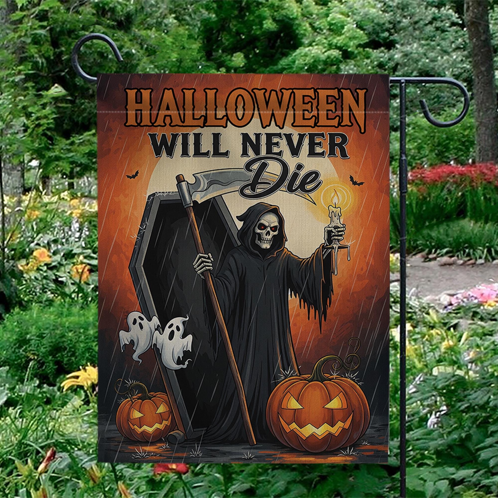Grim Reaper Halloween Garden Flag – Scary Yard Decor, Coffin & Ghost Outdoor Sign, Spooky Fall Decoration
