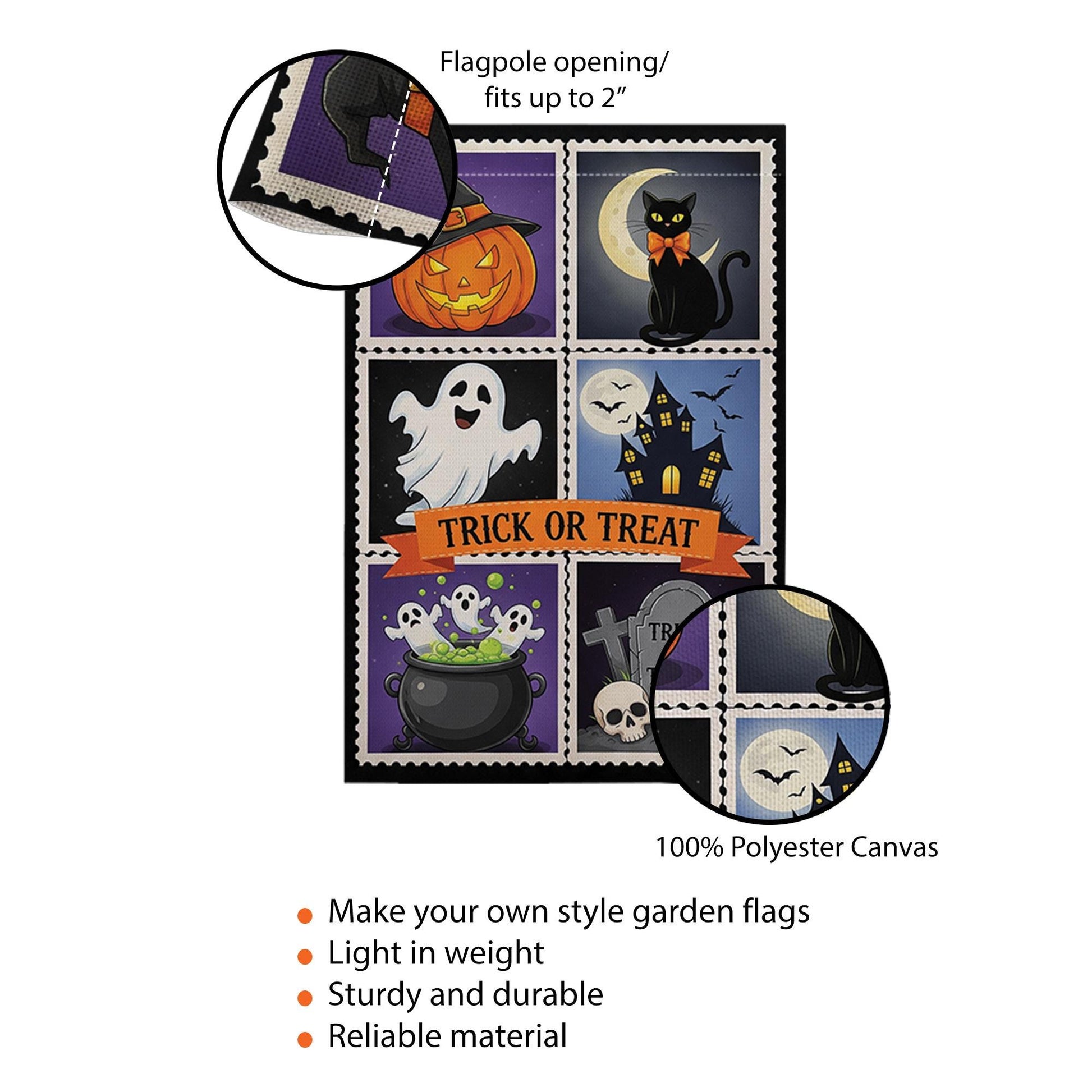 Trick or Treat Halloween Garden Flag – Cute Spooky Yard Decor with Ghost, Cat, Pumpkin & Cauldron Design