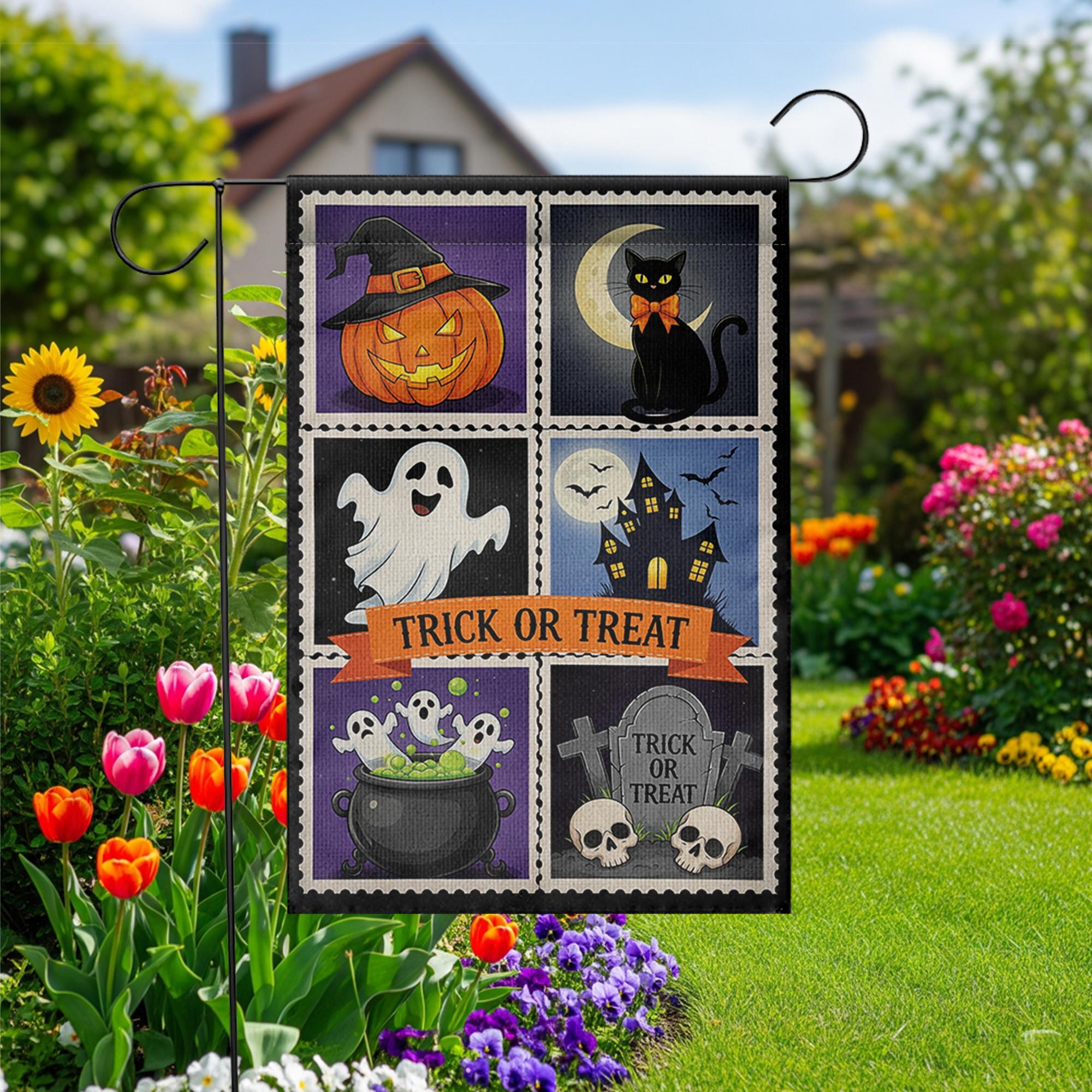 Trick or Treat Halloween Garden Flag – Cute Spooky Yard Decor with Ghost, Cat, Pumpkin & Cauldron Design