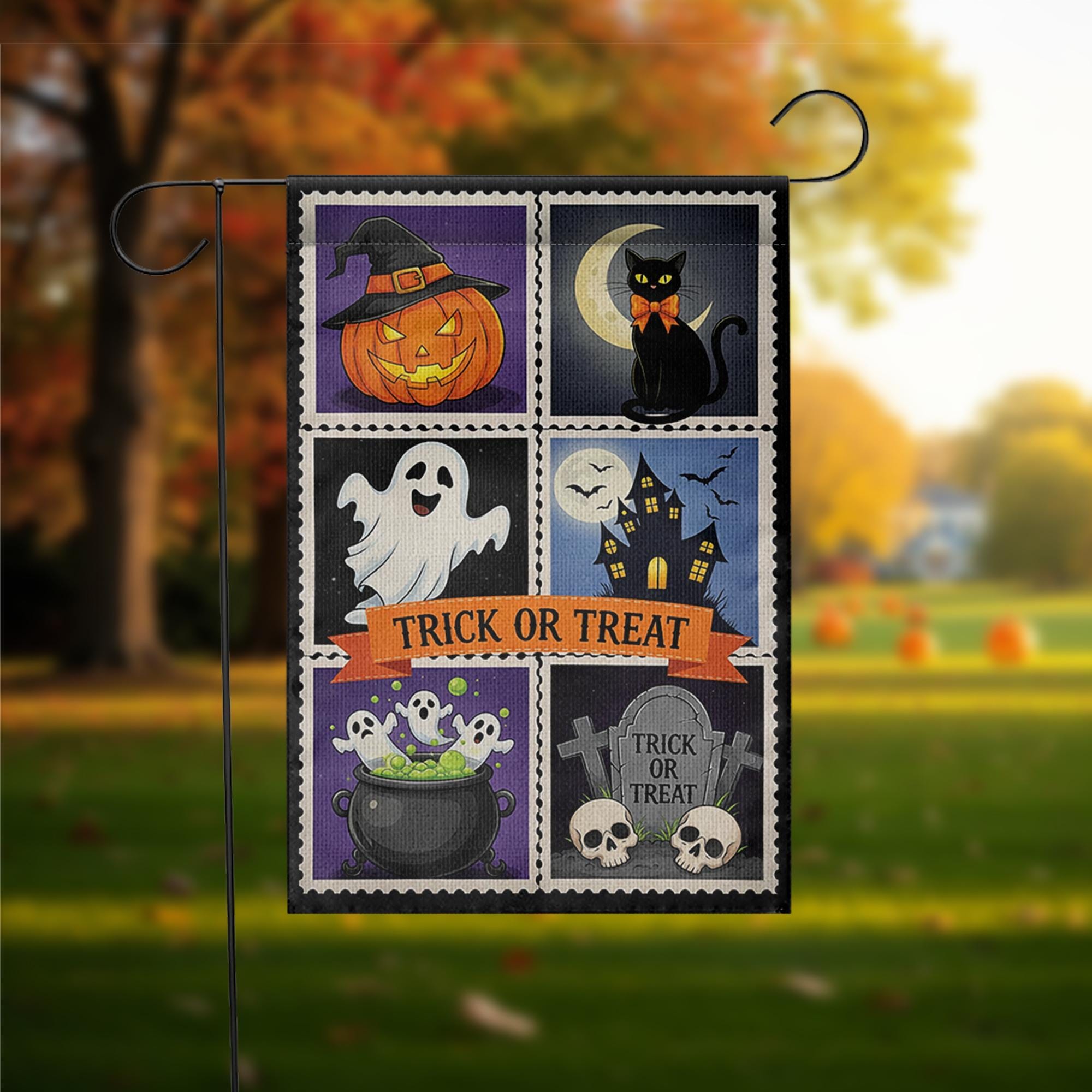 Trick or Treat Halloween Garden Flag – Cute Spooky Yard Decor with Ghost, Cat, Pumpkin & Cauldron Design