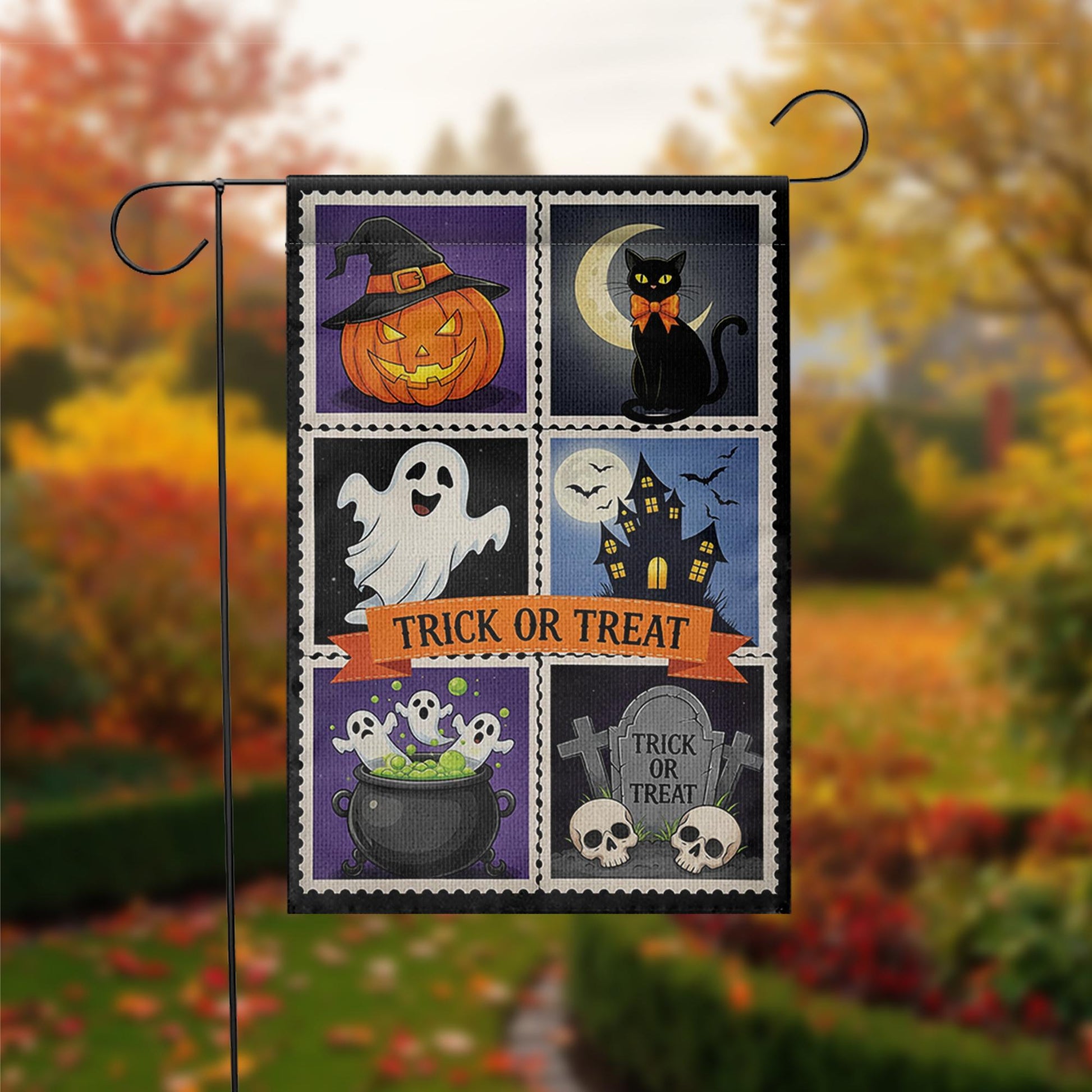 Trick or Treat Halloween Garden Flag – Cute Spooky Yard Decor with Ghost, Cat, Pumpkin & Cauldron Design