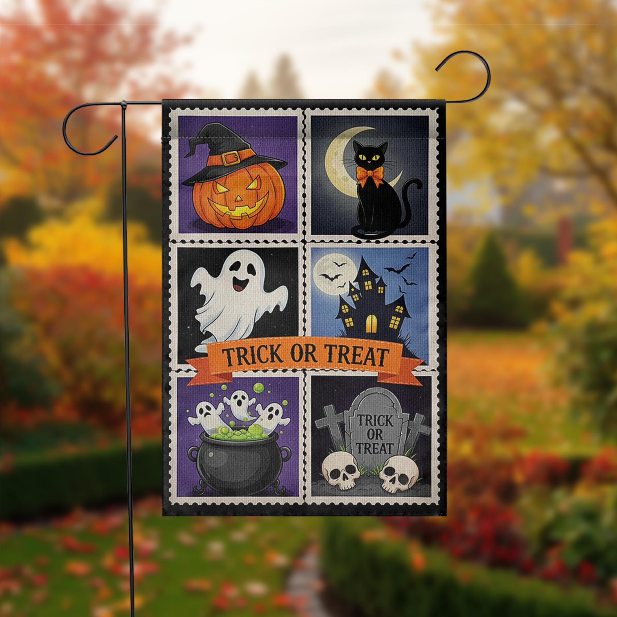 Trick or Treat Halloween Garden Flag – Cute Spooky Yard Decor with Ghost, Cat, Pumpkin & Cauldron Design