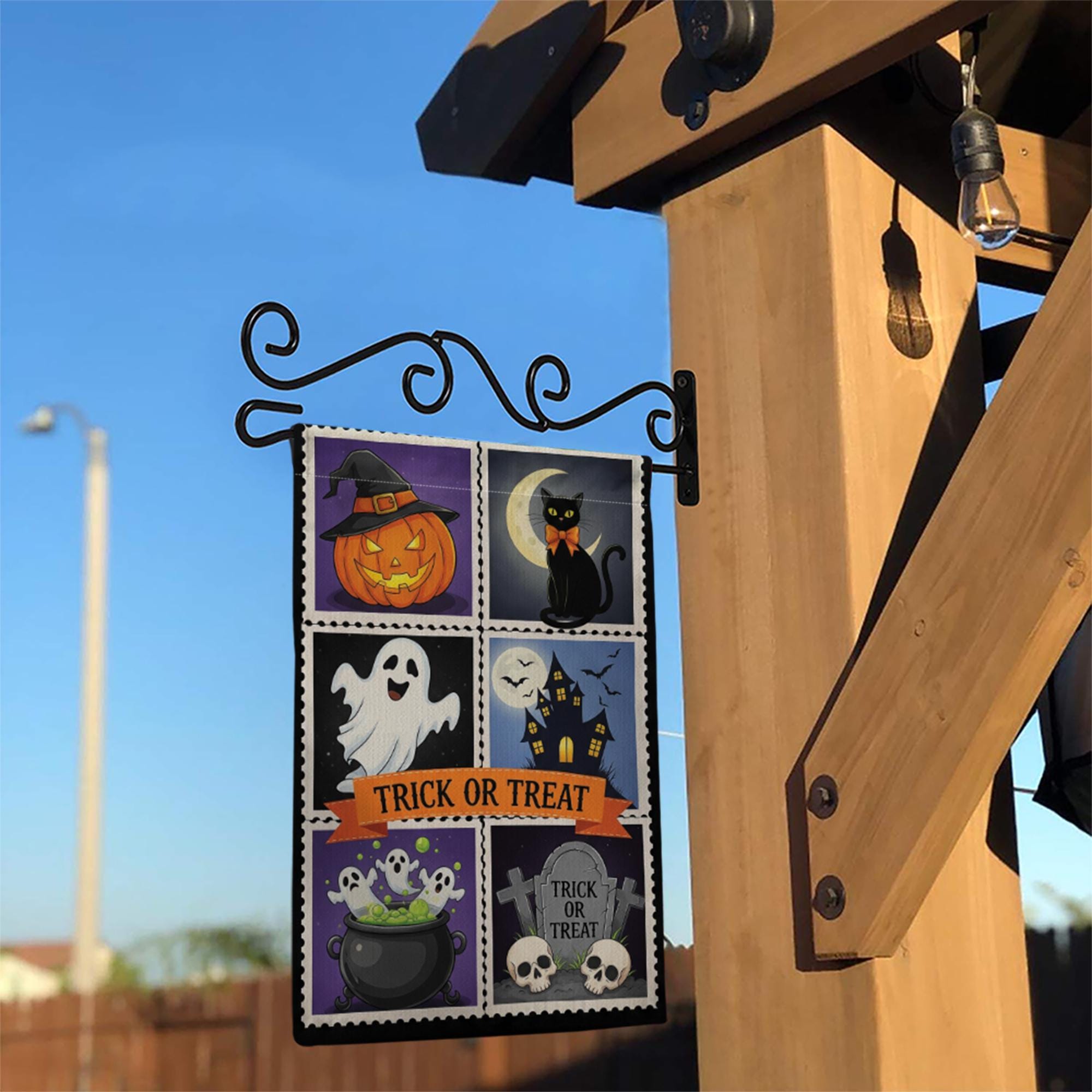 Trick or Treat Halloween Garden Flag – Cute Spooky Yard Decor with Ghost, Cat, Pumpkin & Cauldron Design
