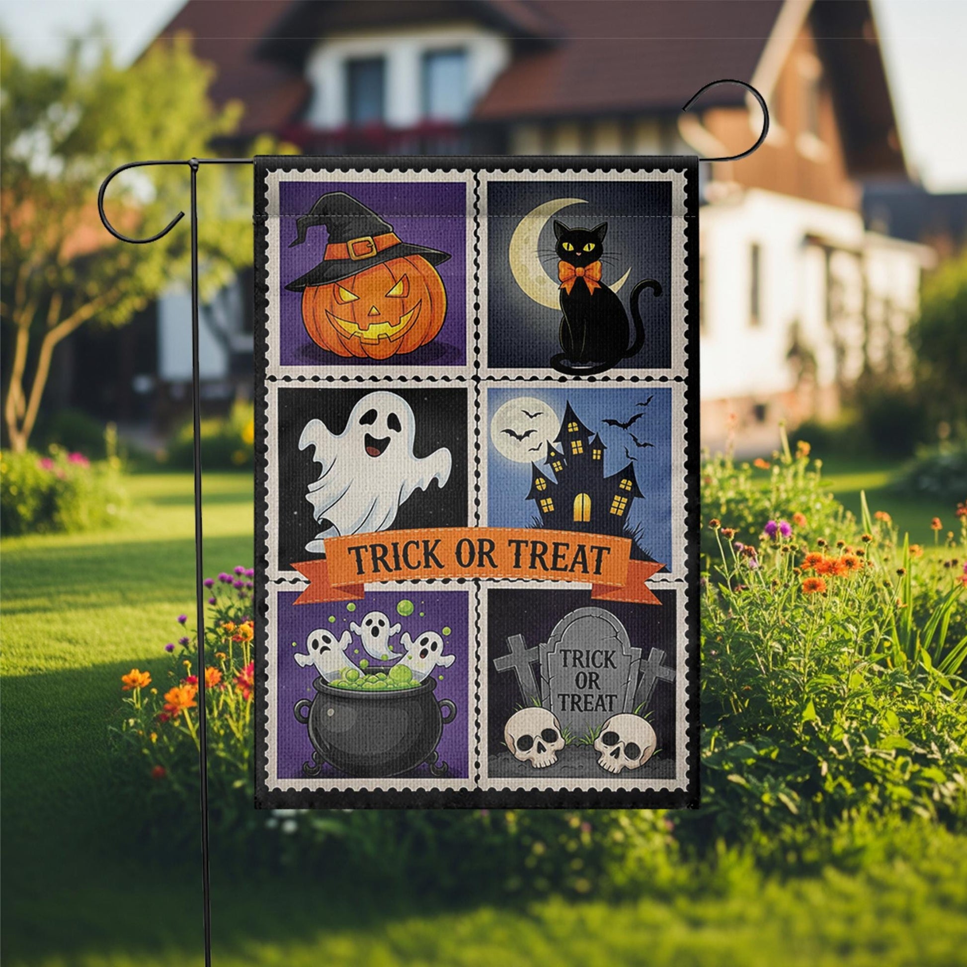 Trick or Treat Halloween Garden Flag – Cute Spooky Yard Decor with Ghost, Cat, Pumpkin & Cauldron Design