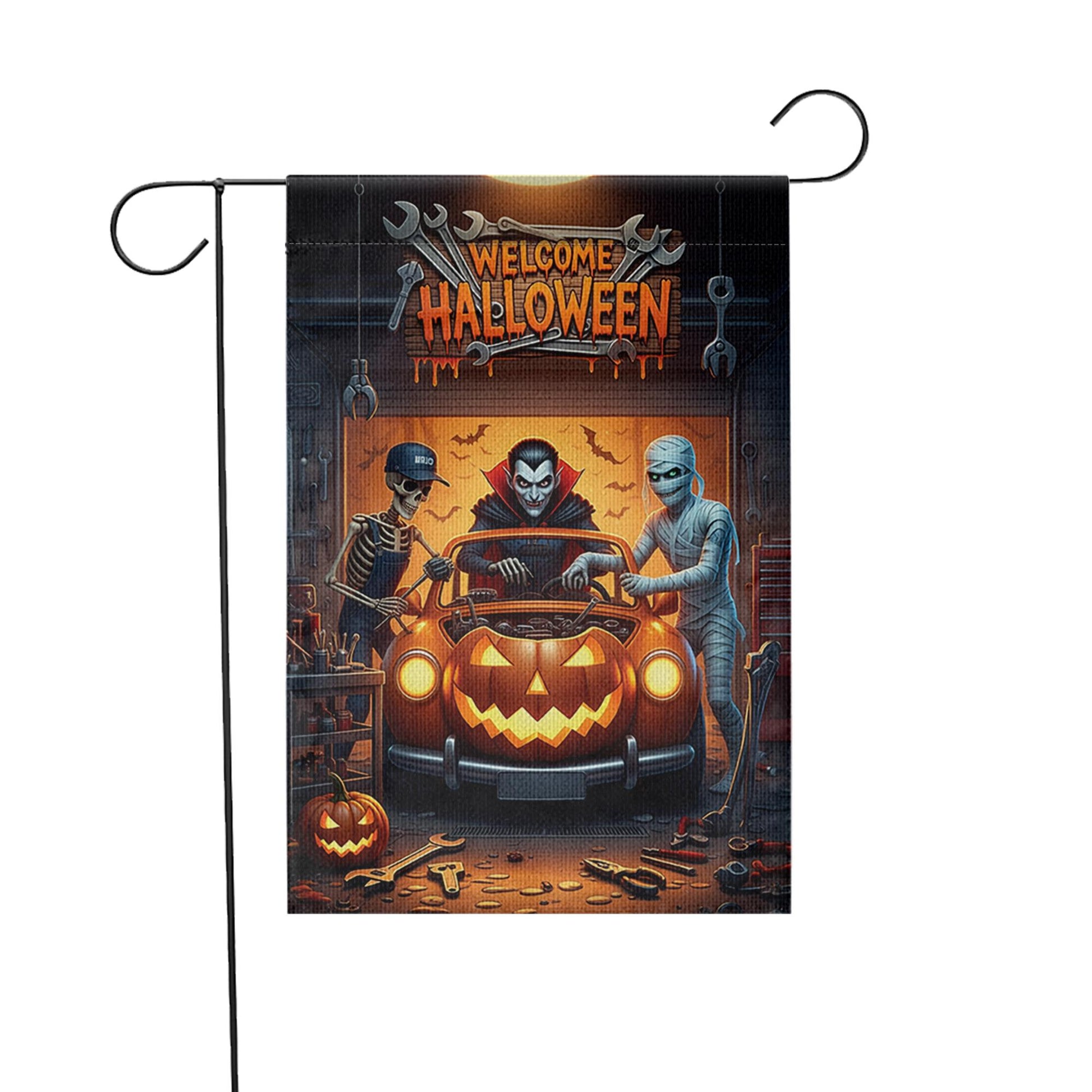 Welcome Halloween Garage Flag – Funny Car Repair Yard Decor with Dracula, Mummy, Skeleton & Pumpkin Car