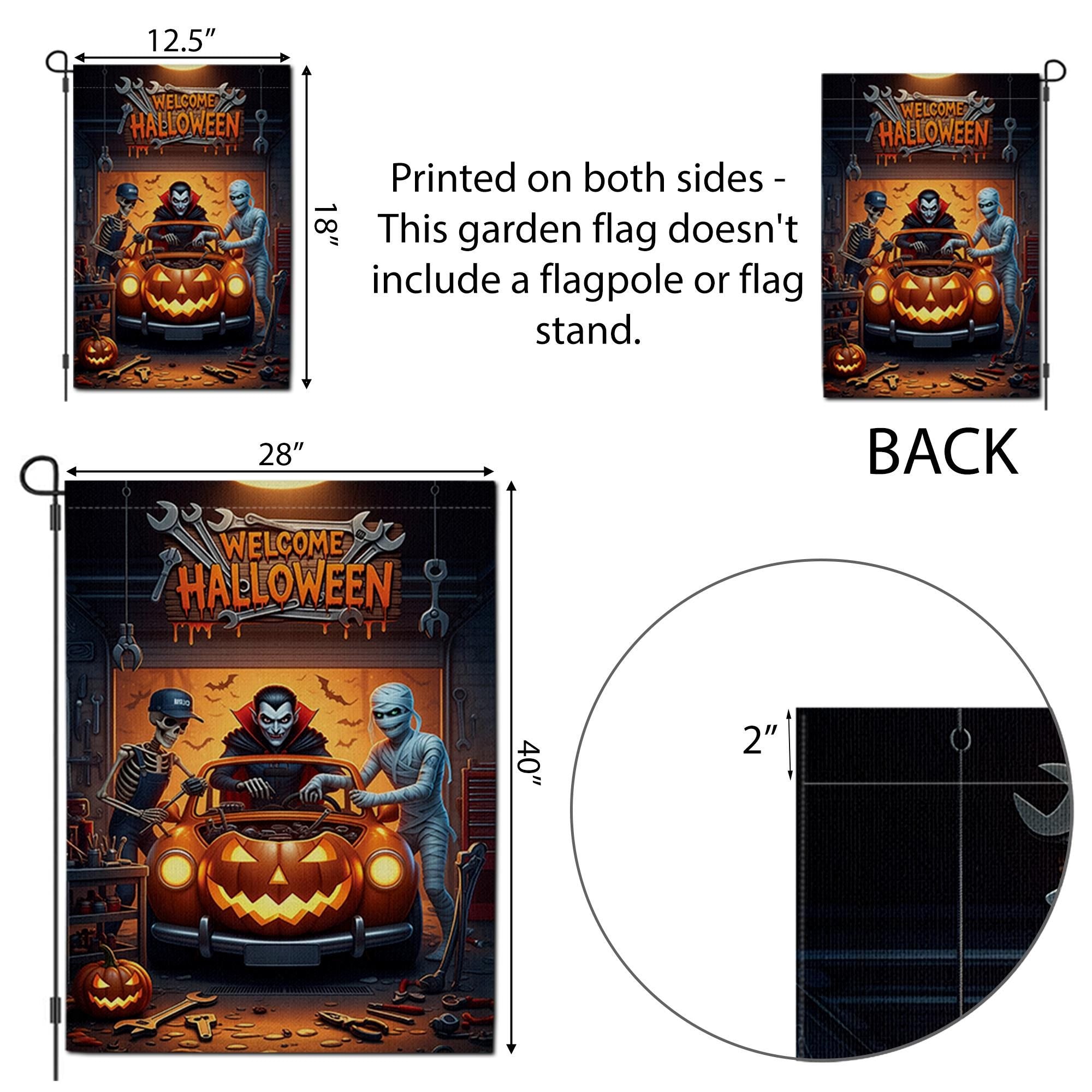 Welcome Halloween Garage Flag – Funny Car Repair Yard Decor with Dracula, Mummy, Skeleton & Pumpkin Car