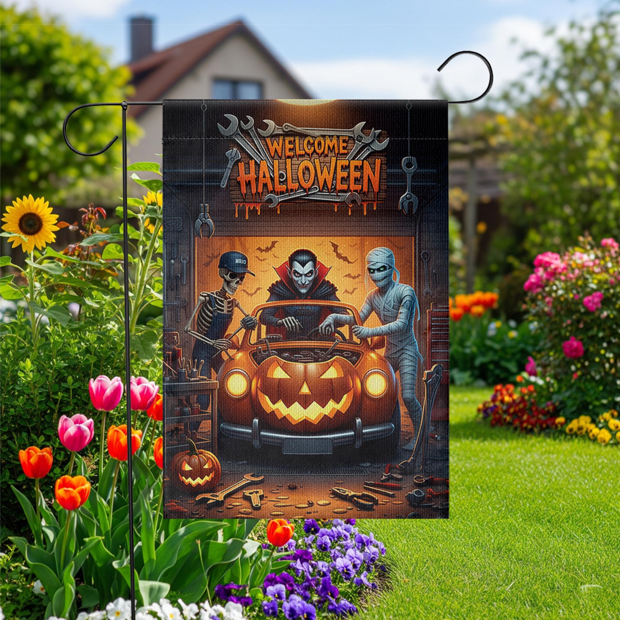 Welcome Halloween Garage Flag – Funny Car Repair Yard Decor with Dracula, Mummy, Skeleton & Pumpkin Car