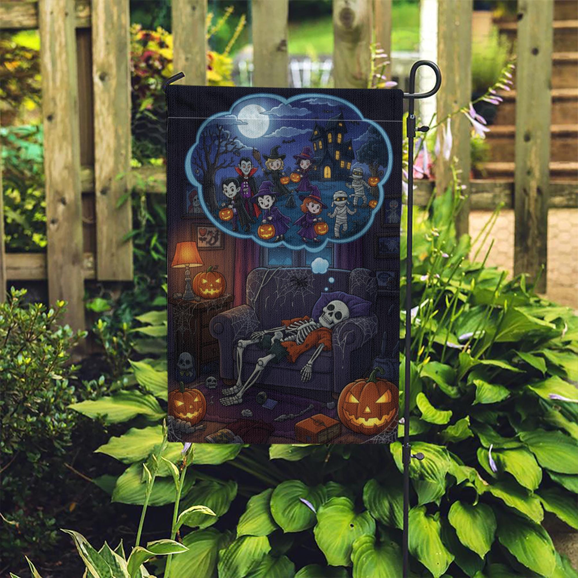 Funny Skeleton Halloween Garden Flag – Trick or Treat Dream Scene, Spooky Fall Couch Decor with Pumpkins