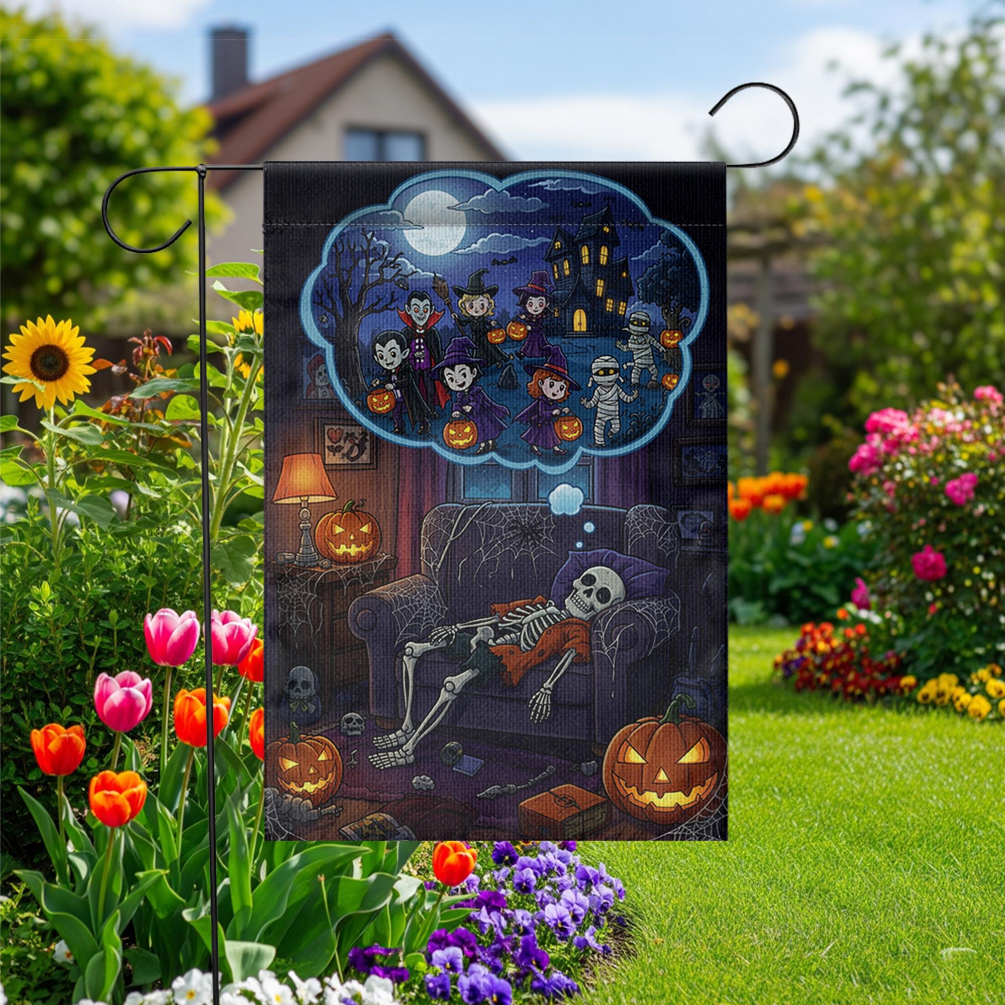Funny Skeleton Halloween Garden Flag – Trick or Treat Dream Scene, Spooky Fall Couch Decor with Pumpkins