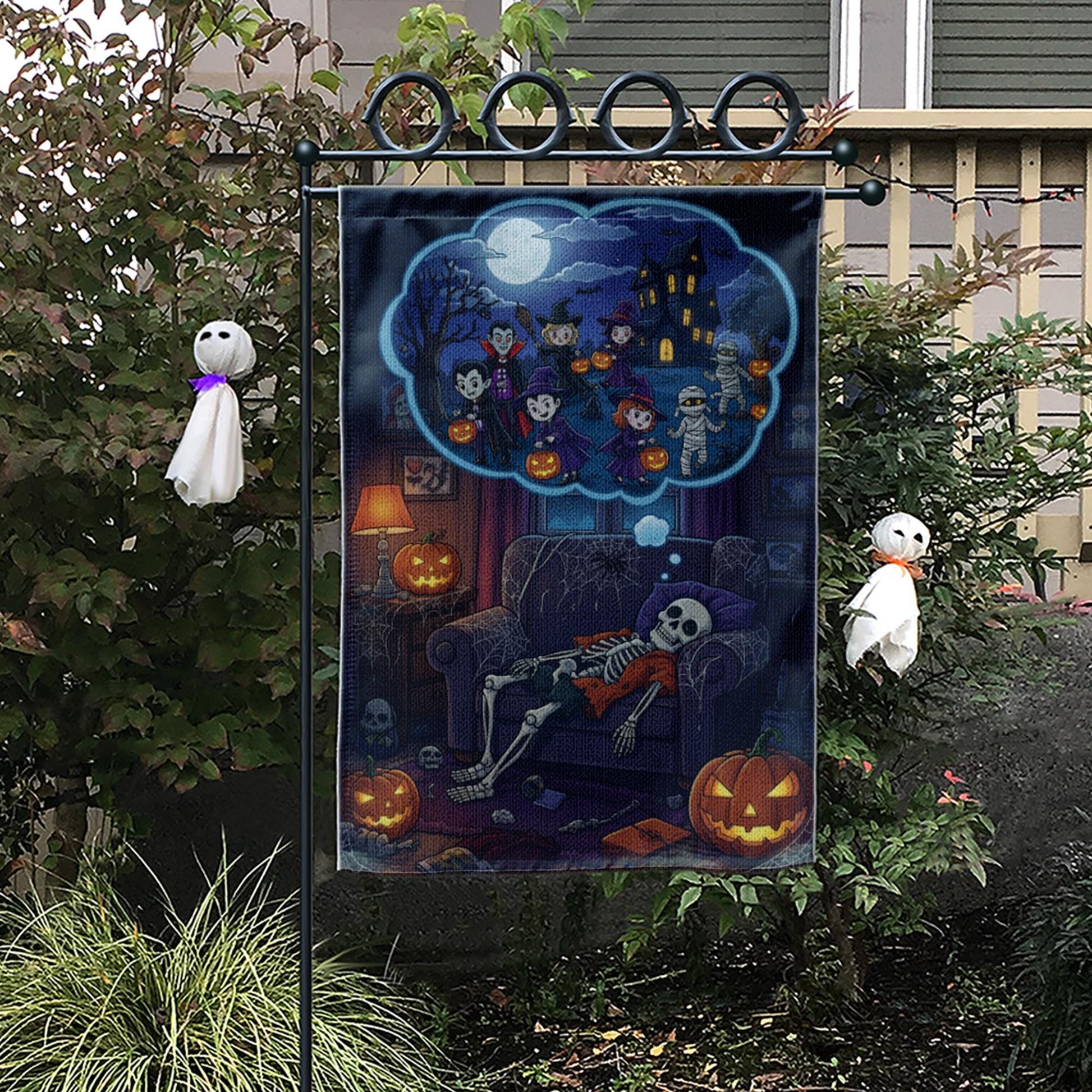Funny Skeleton Halloween Garden Flag – Trick or Treat Dream Scene, Spooky Fall Couch Decor with Pumpkins