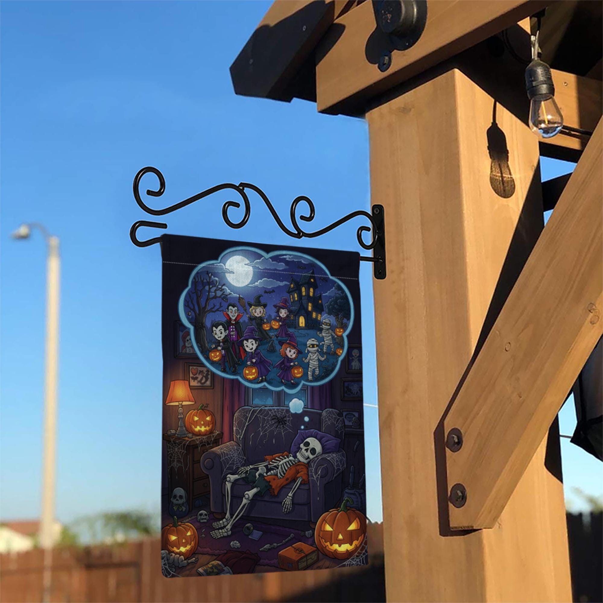 Funny Skeleton Halloween Garden Flag – Trick or Treat Dream Scene, Spooky Fall Couch Decor with Pumpkins