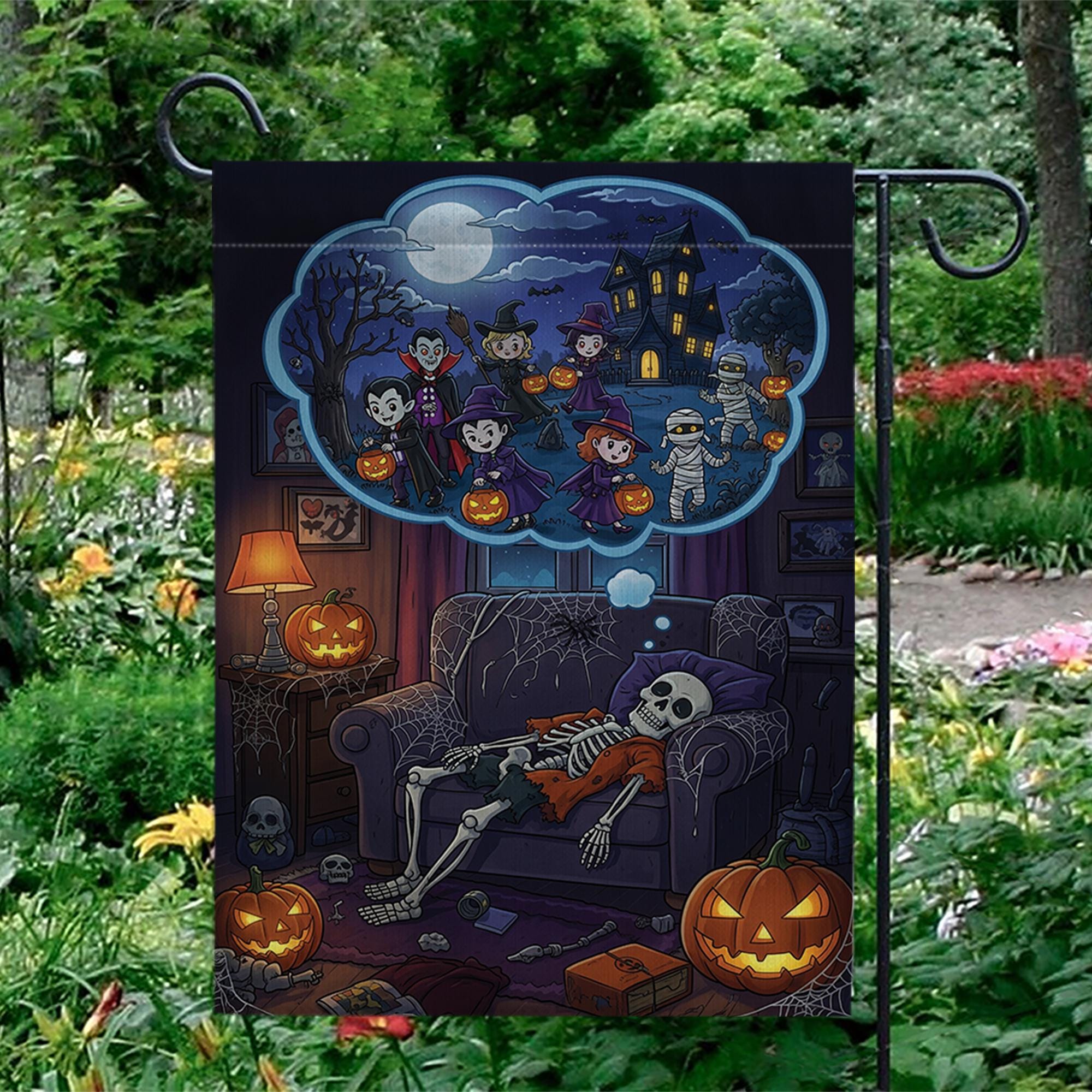 Funny Skeleton Halloween Garden Flag – Trick or Treat Dream Scene, Spooky Fall Couch Decor with Pumpkins