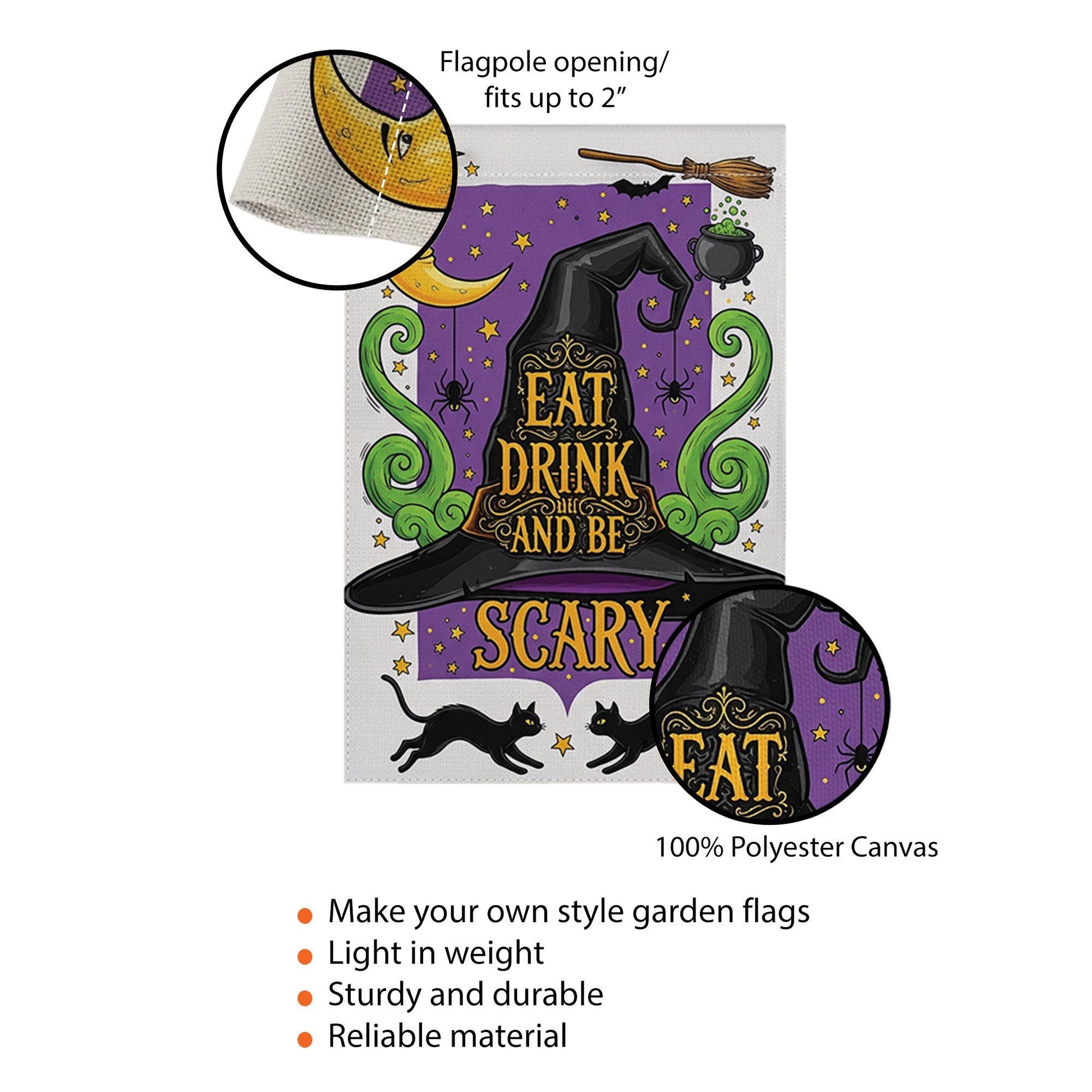 Eat Drink and Be Scary Garden Flag – Witch Hat Halloween Yard Decor, Black Cat Cauldron Spooky Outdoor Sign