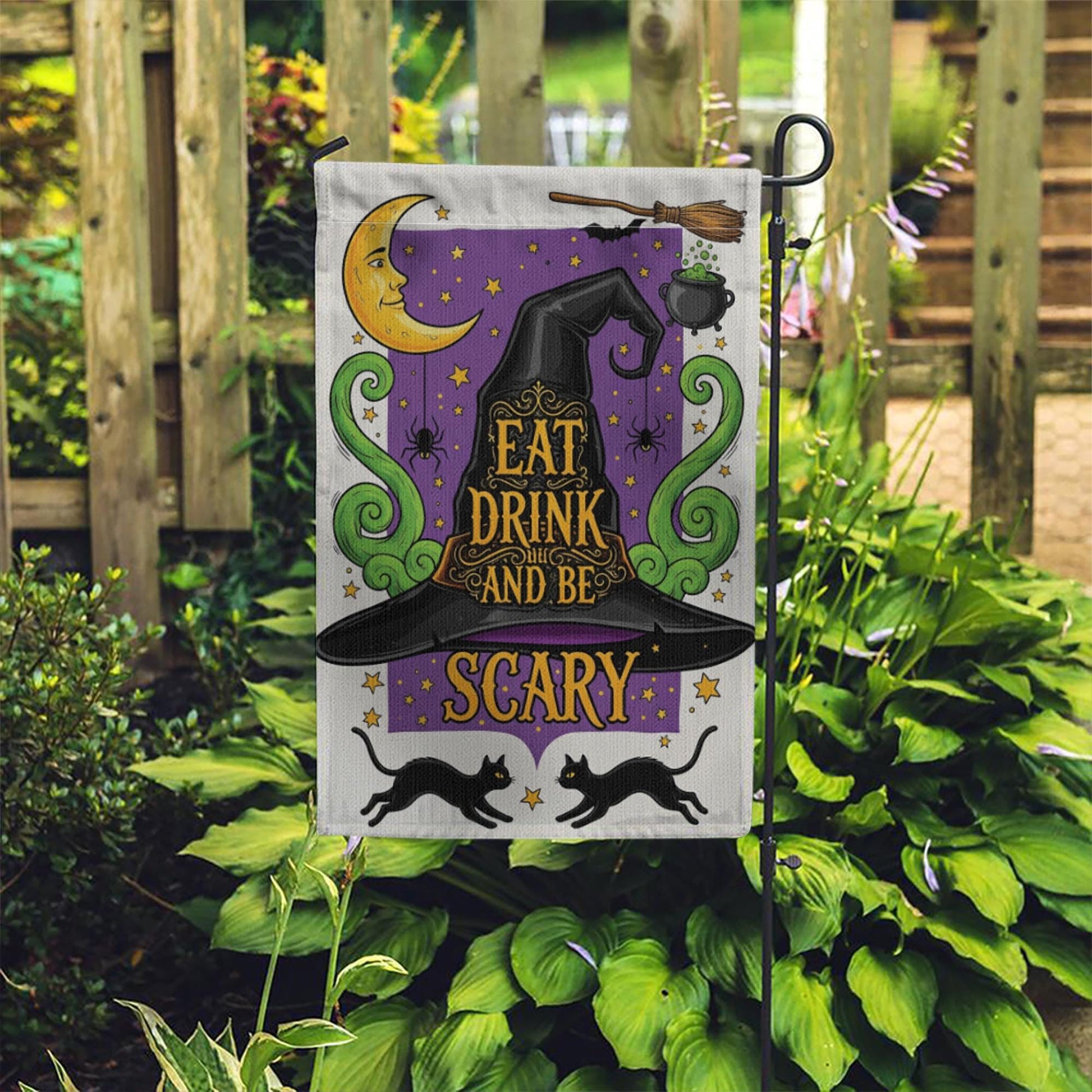Eat Drink and Be Scary Garden Flag – Witch Hat Halloween Yard Decor, Black Cat Cauldron Spooky Outdoor Sign