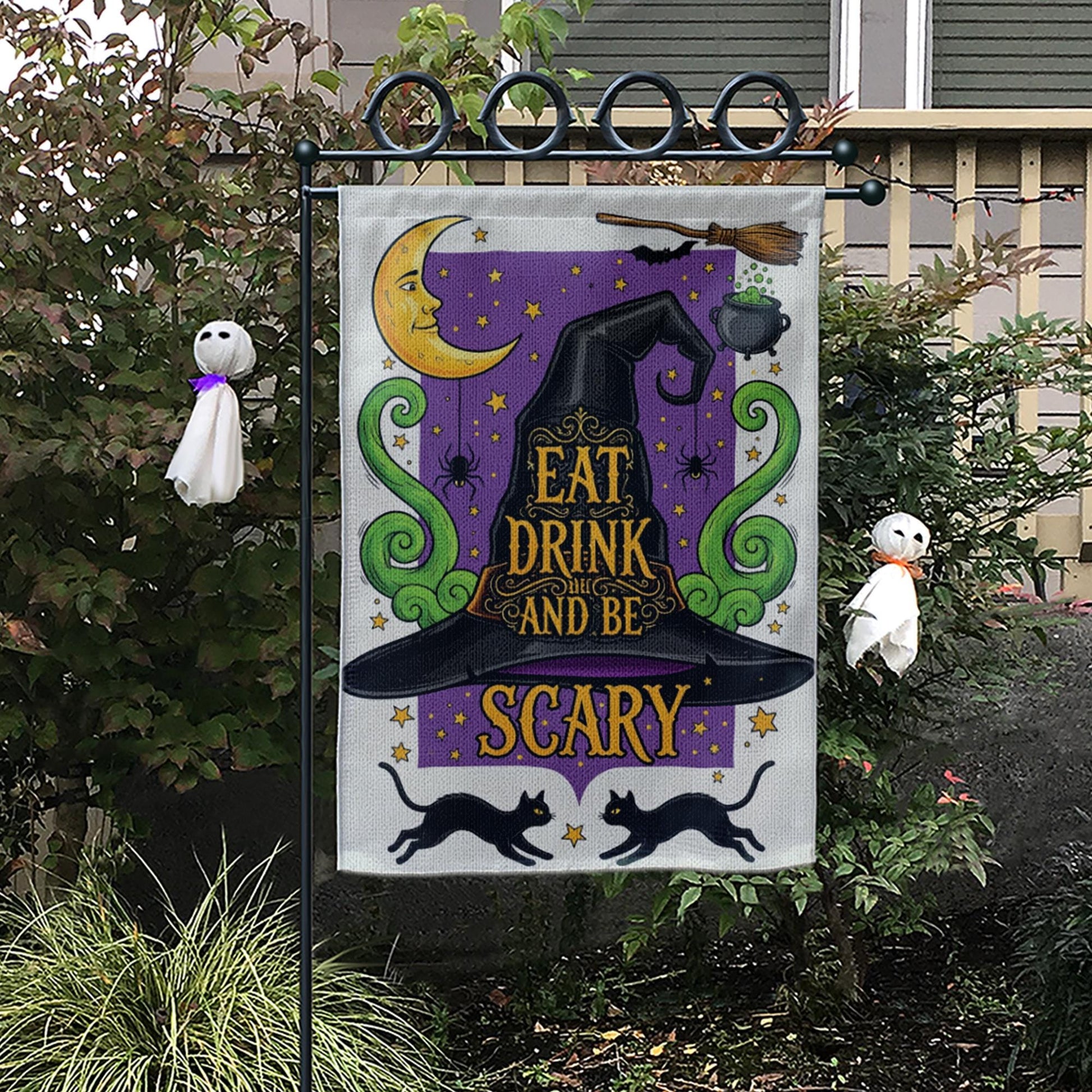 Eat Drink and Be Scary Garden Flag – Witch Hat Halloween Yard Decor, Black Cat Cauldron Spooky Outdoor Sign