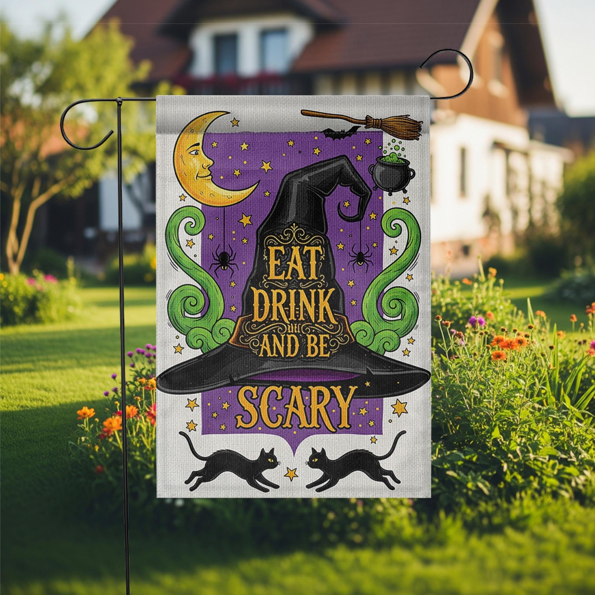 Eat Drink and Be Scary Garden Flag – Witch Hat Halloween Yard Decor, Black Cat Cauldron Spooky Outdoor Sign