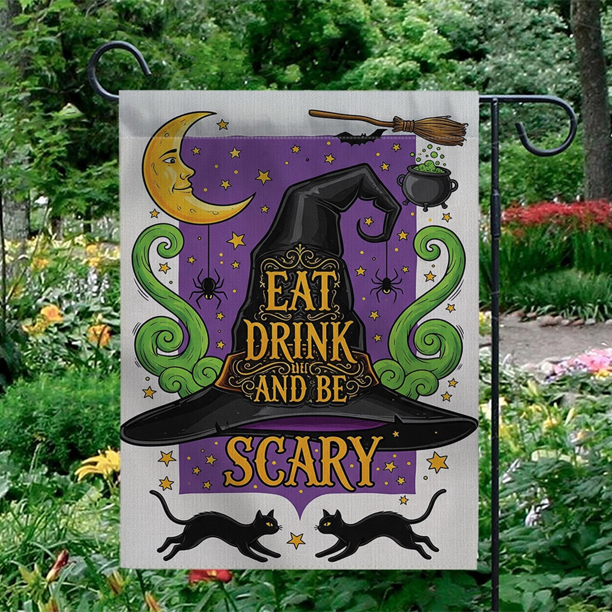 Eat Drink and Be Scary Garden Flag – Witch Hat Halloween Yard Decor, Black Cat Cauldron Spooky Outdoor Sign