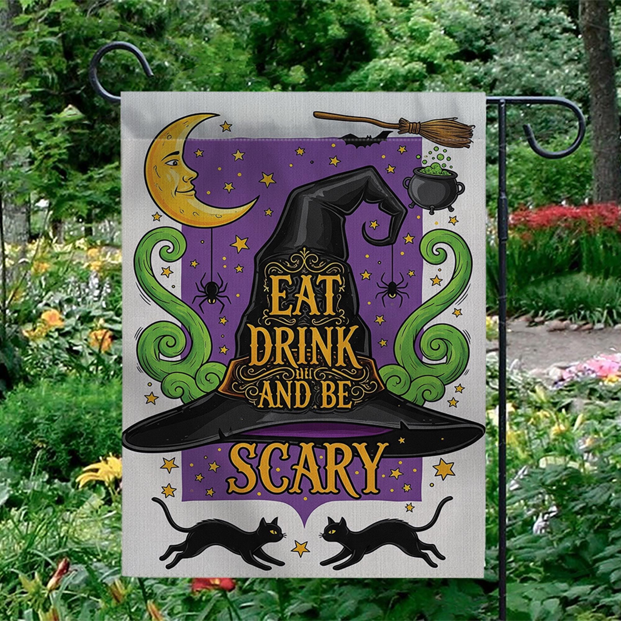 Eat Drink and Be Scary Garden Flag – Witch Hat Halloween Yard Decor, Black Cat Cauldron Spooky Outdoor Sign