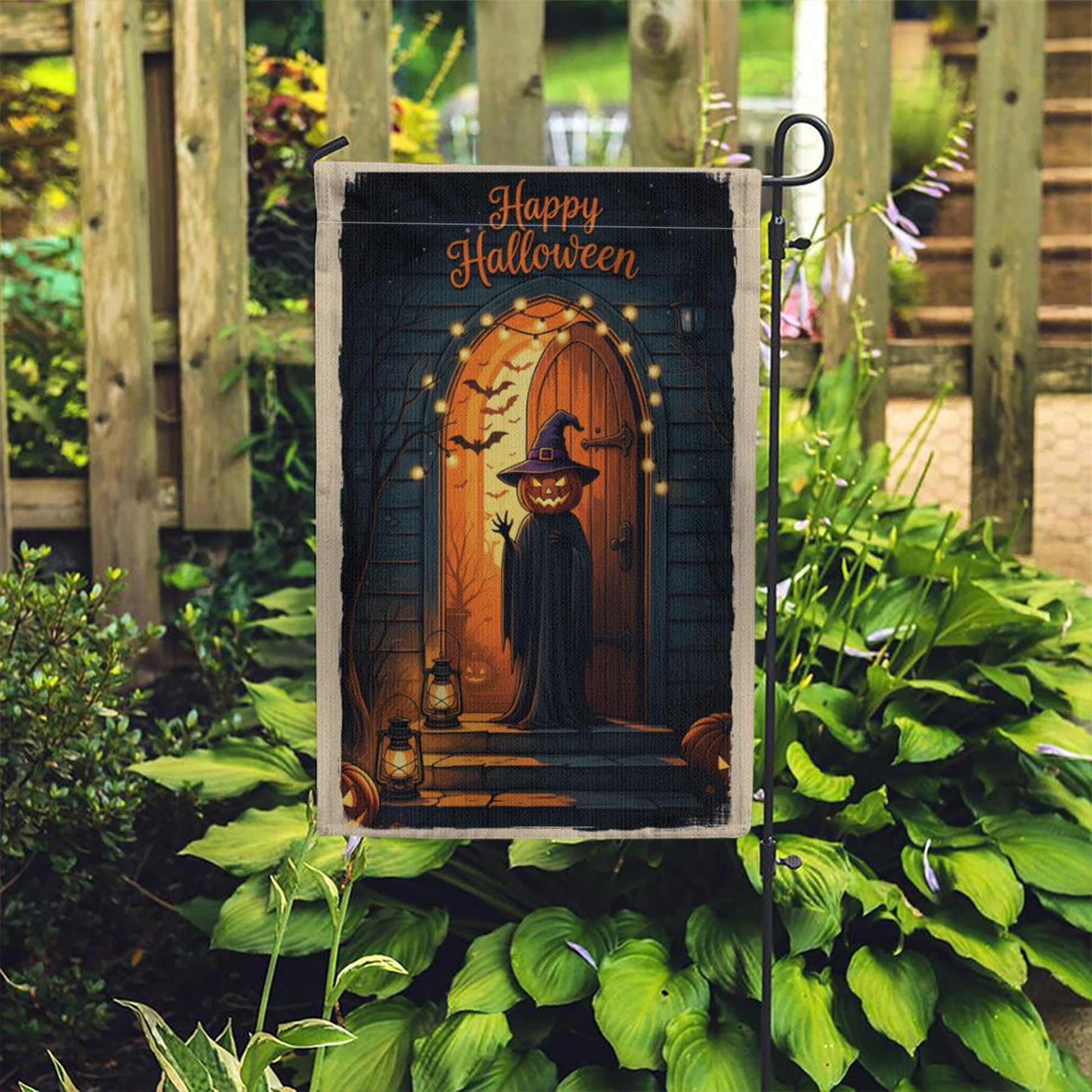Happy Halloween Garden Flag – Pumpkin Head Witch Porch Decor, Spooky Lantern Fall Yard Sign with Gothic Door