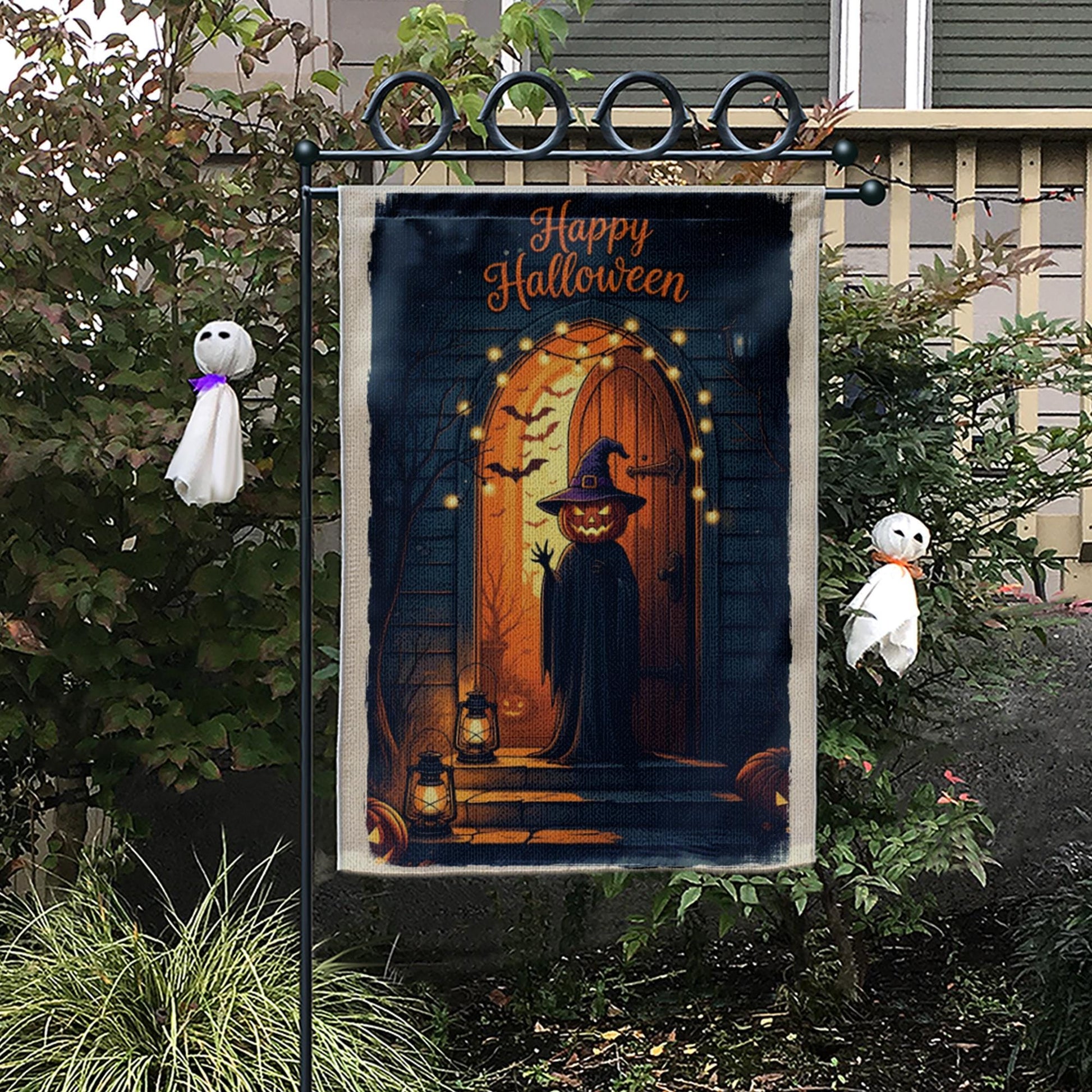 Happy Halloween Garden Flag – Pumpkin Head Witch Porch Decor, Spooky Lantern Fall Yard Sign with Gothic Door