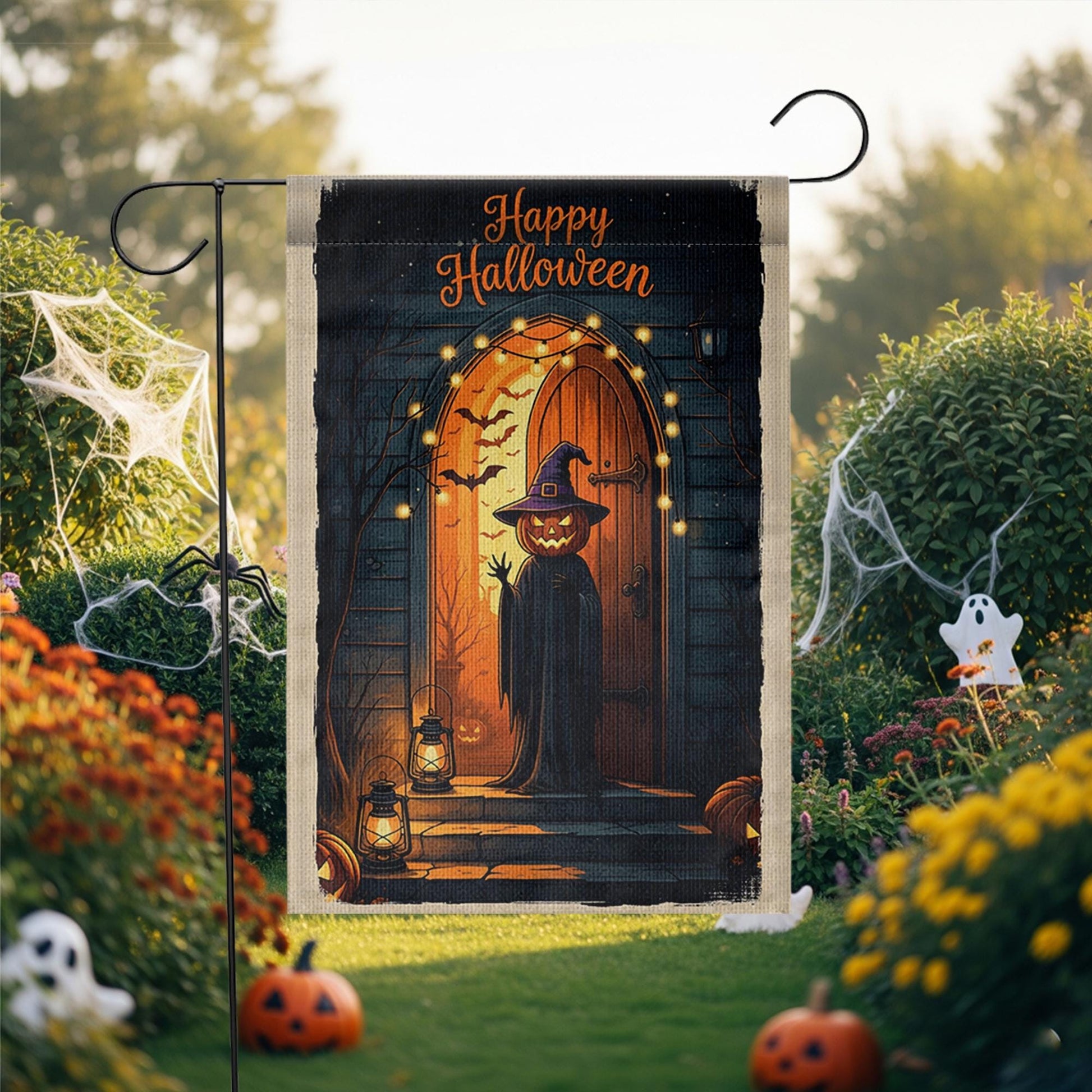 Happy Halloween Garden Flag – Pumpkin Head Witch Porch Decor, Spooky Lantern Fall Yard Sign with Gothic Door