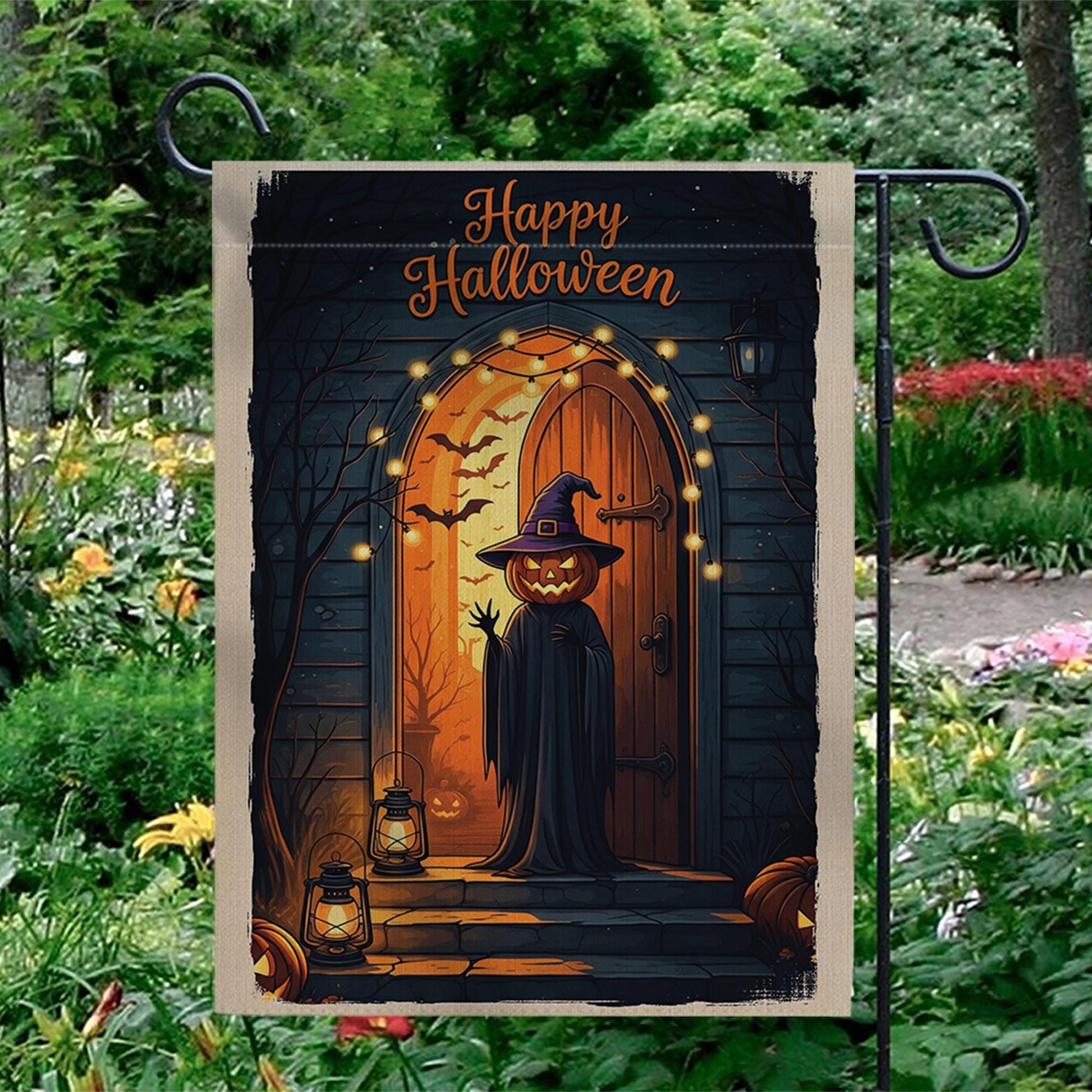 Happy Halloween Garden Flag – Pumpkin Head Witch Porch Decor, Spooky Lantern Fall Yard Sign with Gothic Door