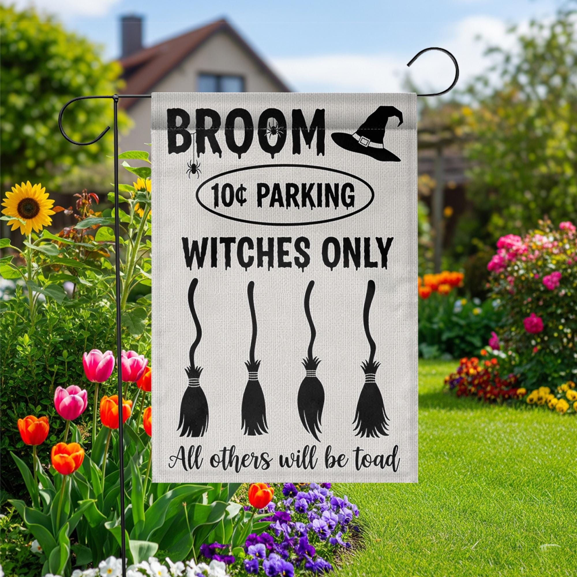 Witches Only Broom Parking Garden Flag – Funny Halloween Yard Decor, Toad Warning Witch Sign for Outdoor Display