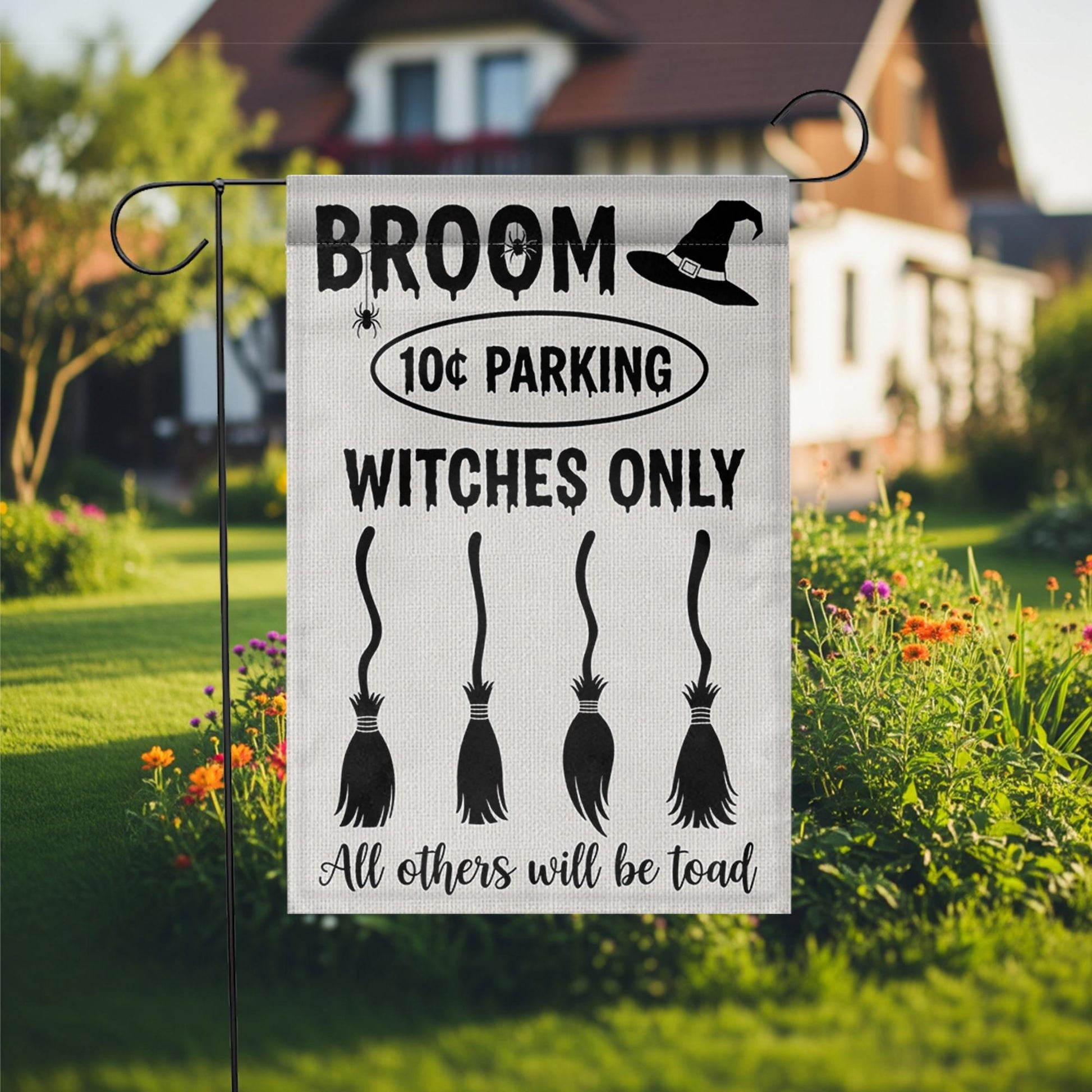 Witches Only Broom Parking Garden Flag – Funny Halloween Yard Decor, Toad Warning Witch Sign for Outdoor Display