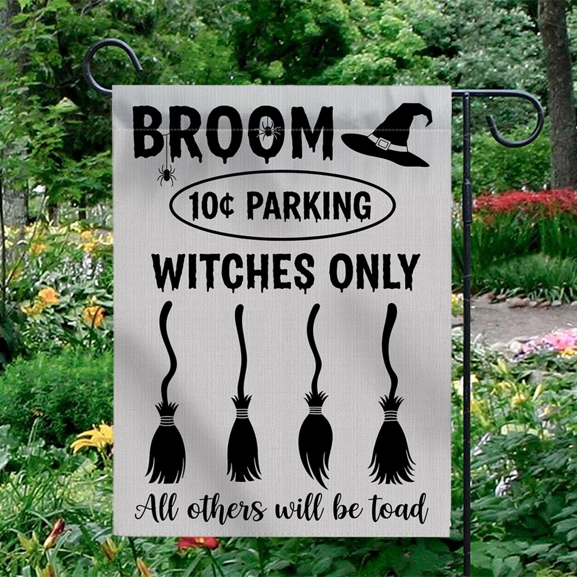 Witches Only Broom Parking Garden Flag – Funny Halloween Yard Decor, Toad Warning Witch Sign for Outdoor Display