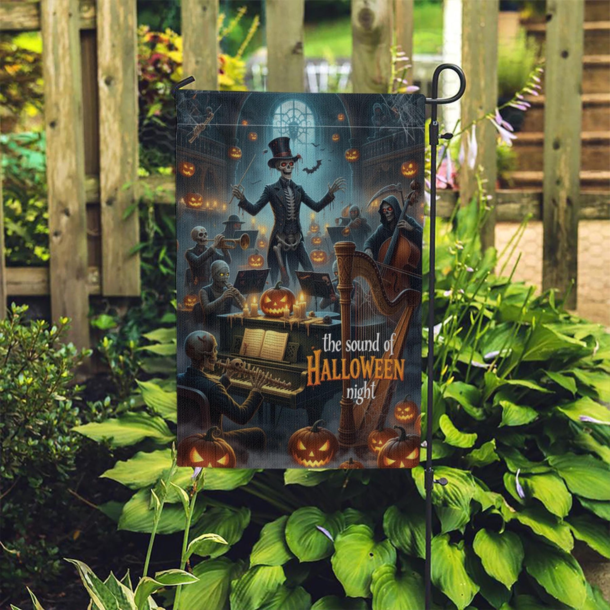 Skeleton Orchestra Halloween Garden Flag – Haunted Concert Yard Decor, Spooky Music Night Pumpkin Display