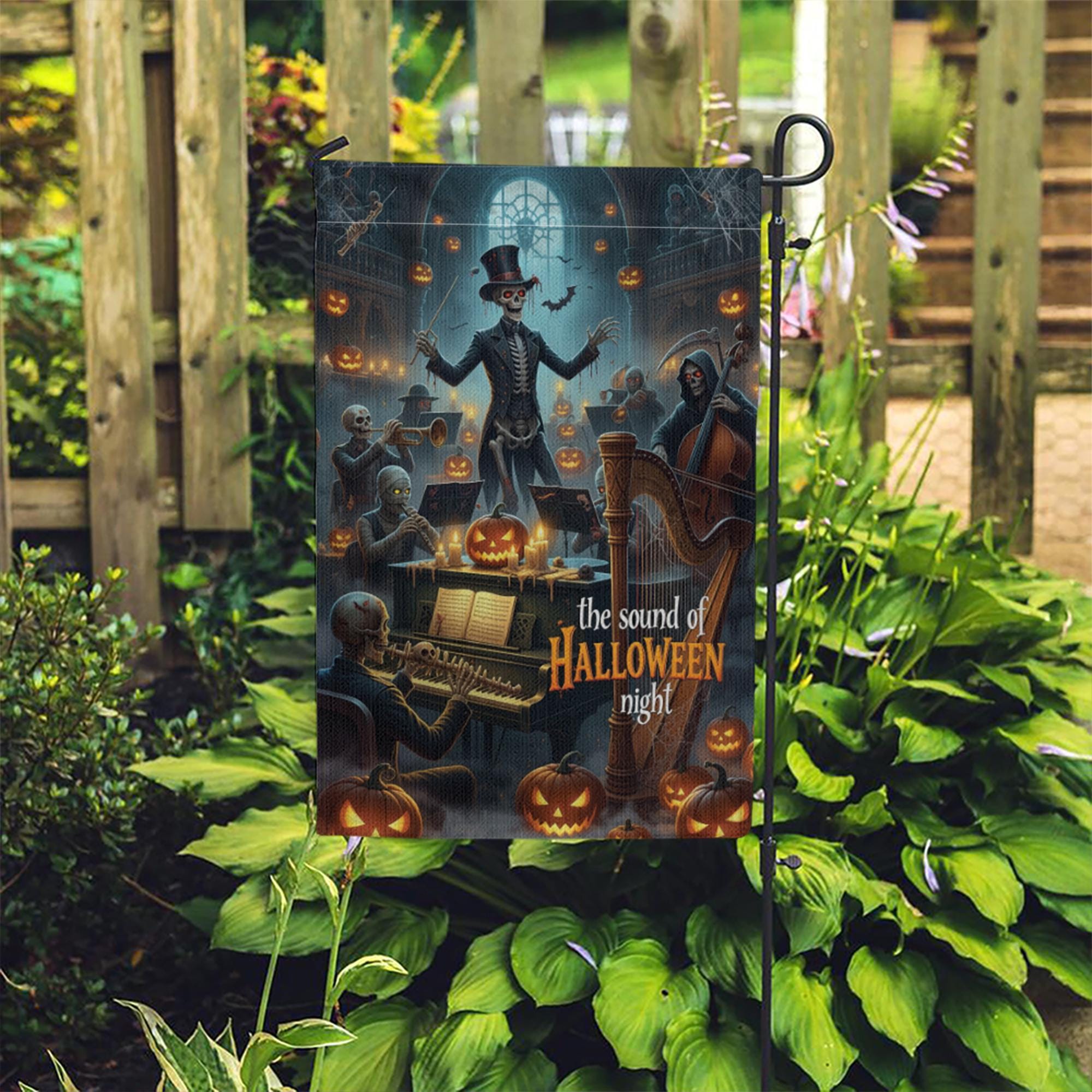 Skeleton Orchestra Halloween Garden Flag – Haunted Concert Yard Decor, Spooky Music Night Pumpkin Display