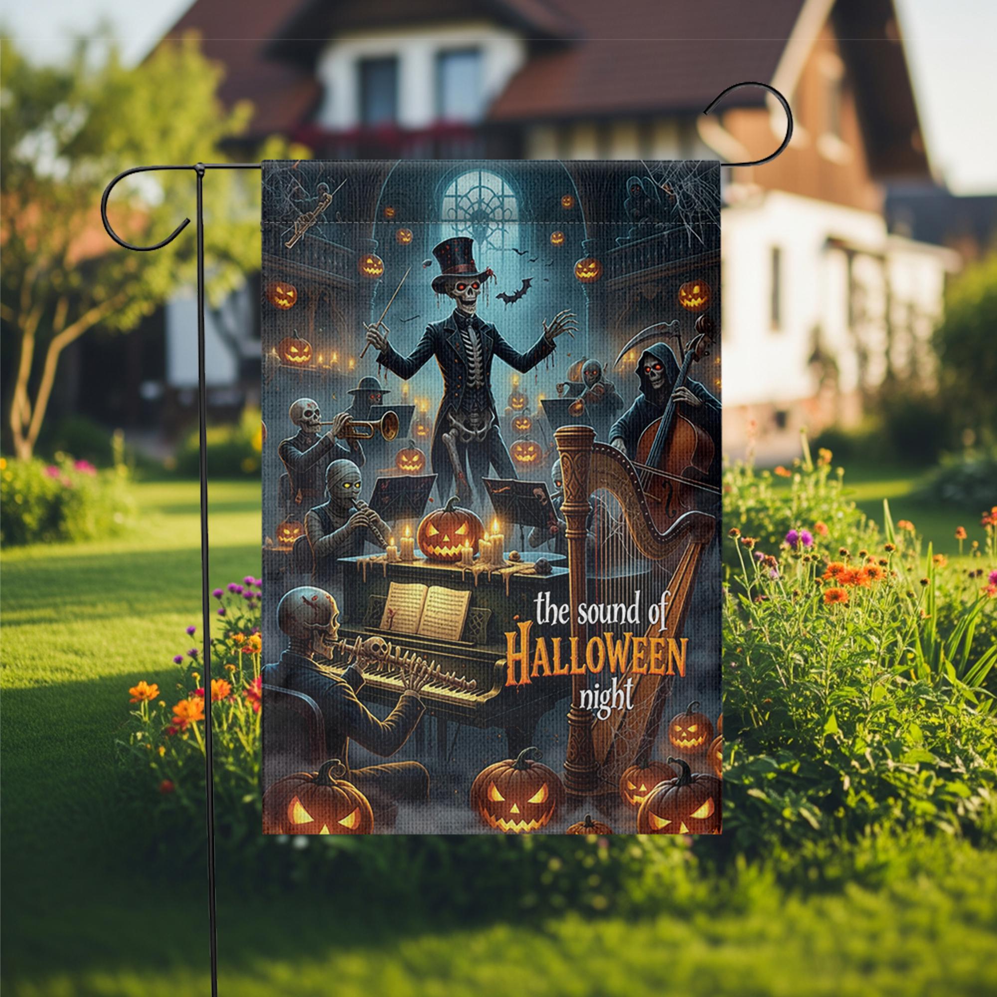 Skeleton Orchestra Halloween Garden Flag – Haunted Concert Yard Decor, Spooky Music Night Pumpkin Display
