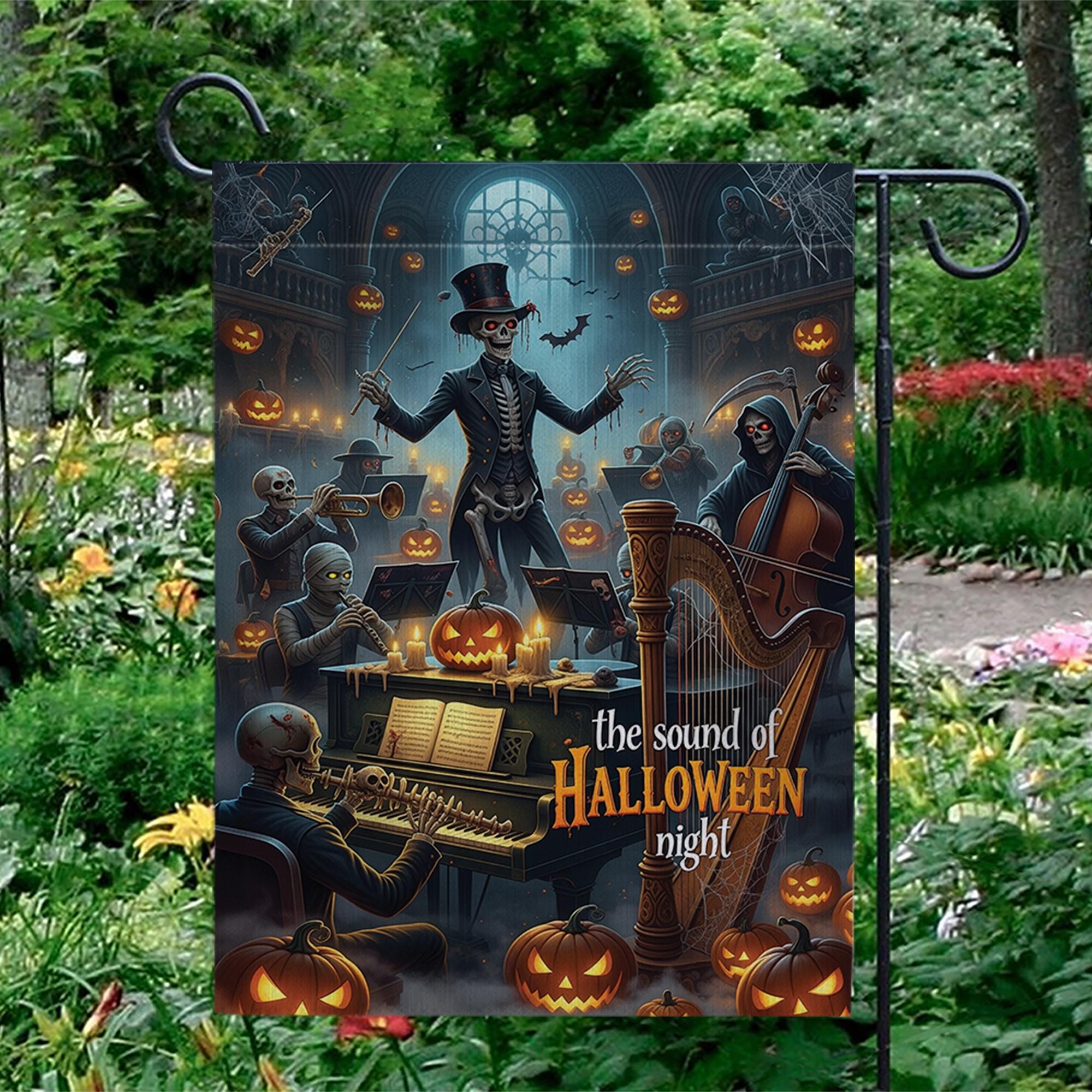 Skeleton Orchestra Halloween Garden Flag – Haunted Concert Yard Decor, Spooky Music Night Pumpkin Display