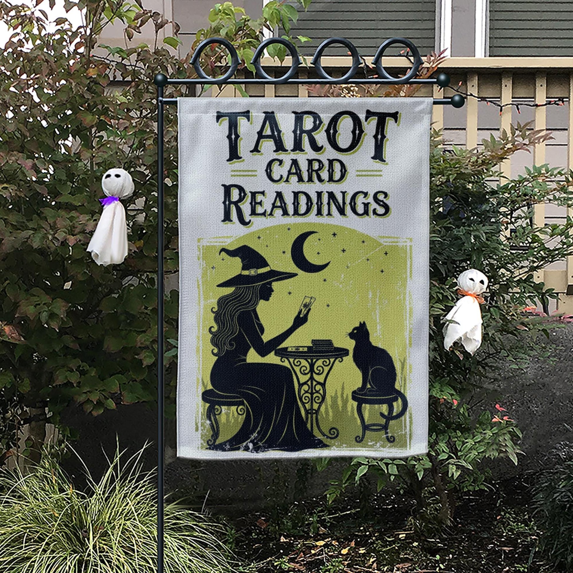 Tarot Card Readings Garden Flag – Witch Moon Cat Mystical Outdoor Decor, Halloween Fortune Sign