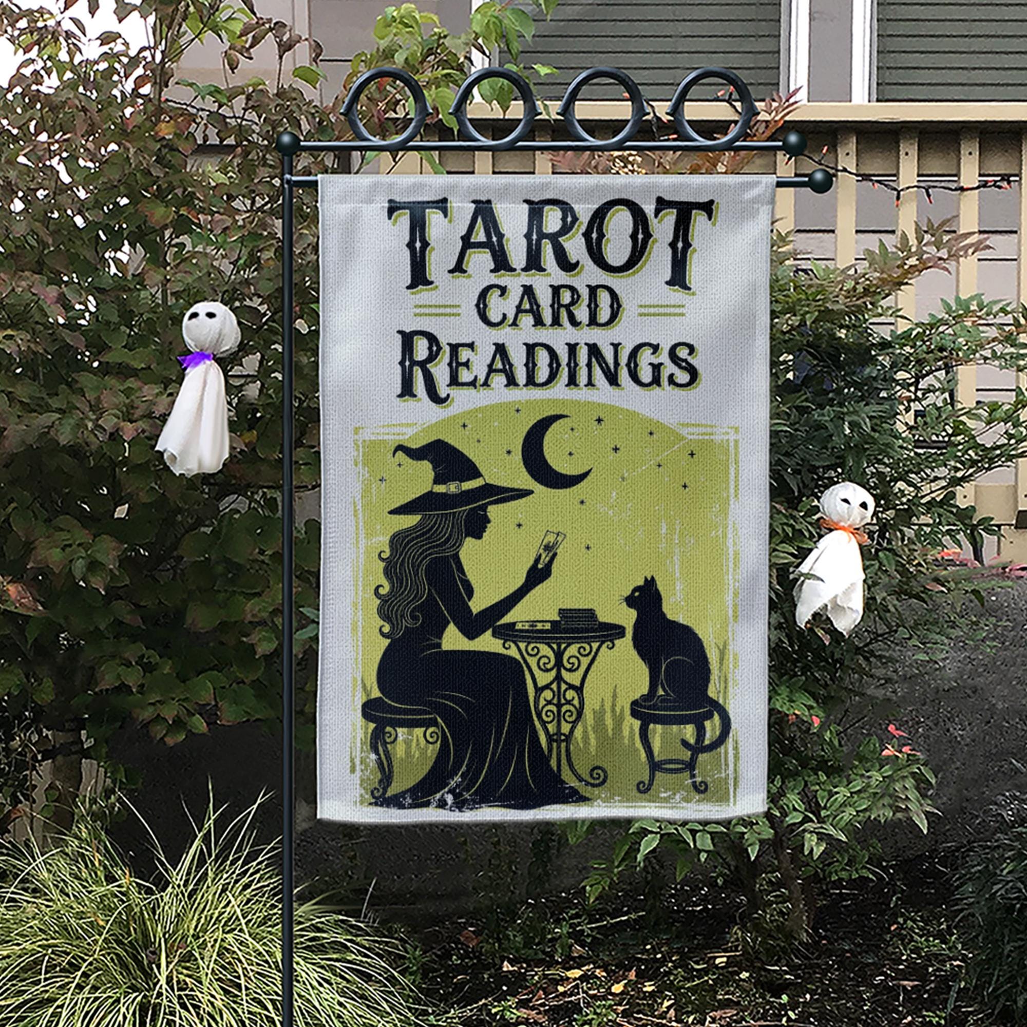 Tarot Card Readings Garden Flag – Witch Moon Cat Mystical Outdoor Decor, Halloween Fortune Sign