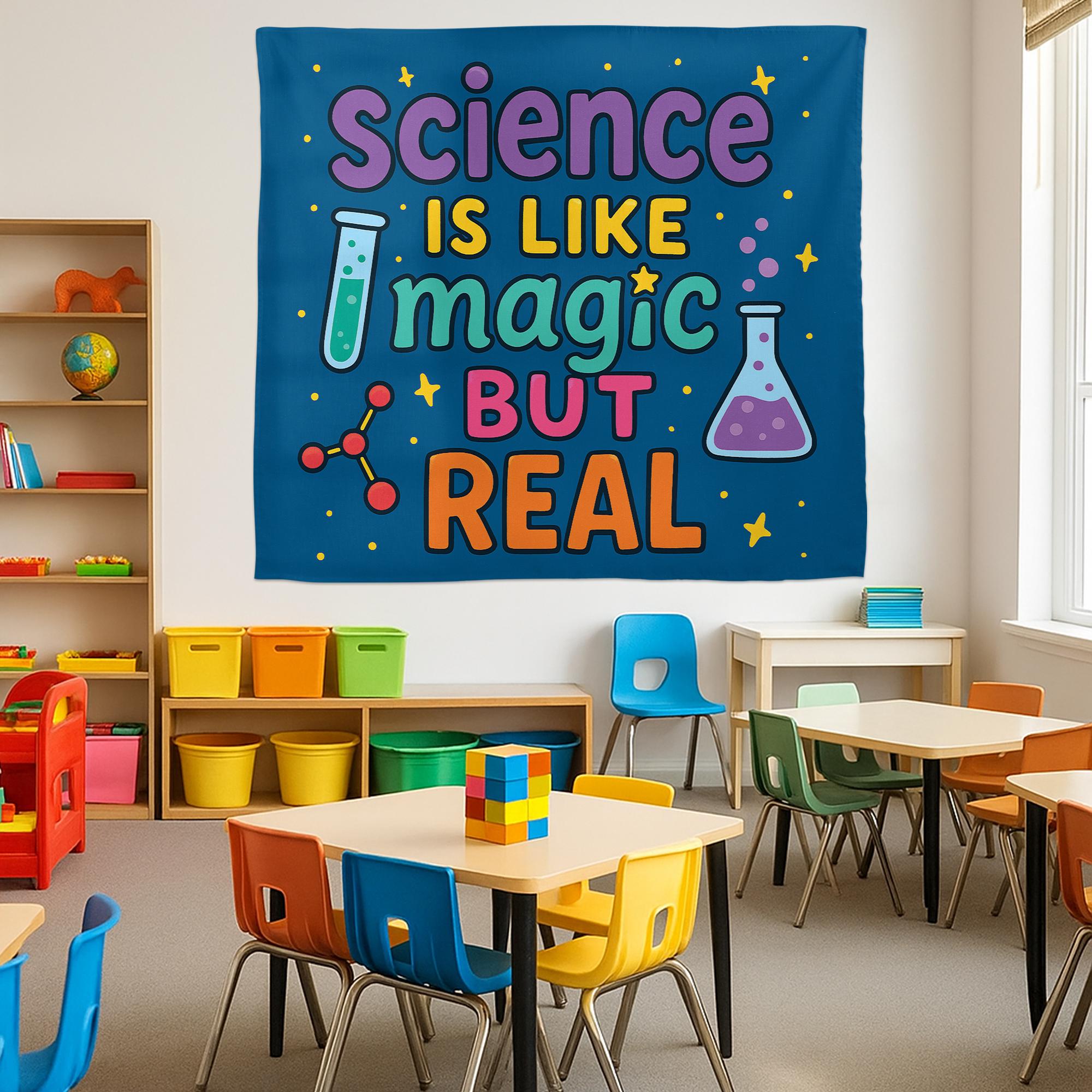Science Is Like Magic But Real Tapestry, Classroom Wall Art, Colorful STEM Teacher Decor, Funny Science Poster for Kids