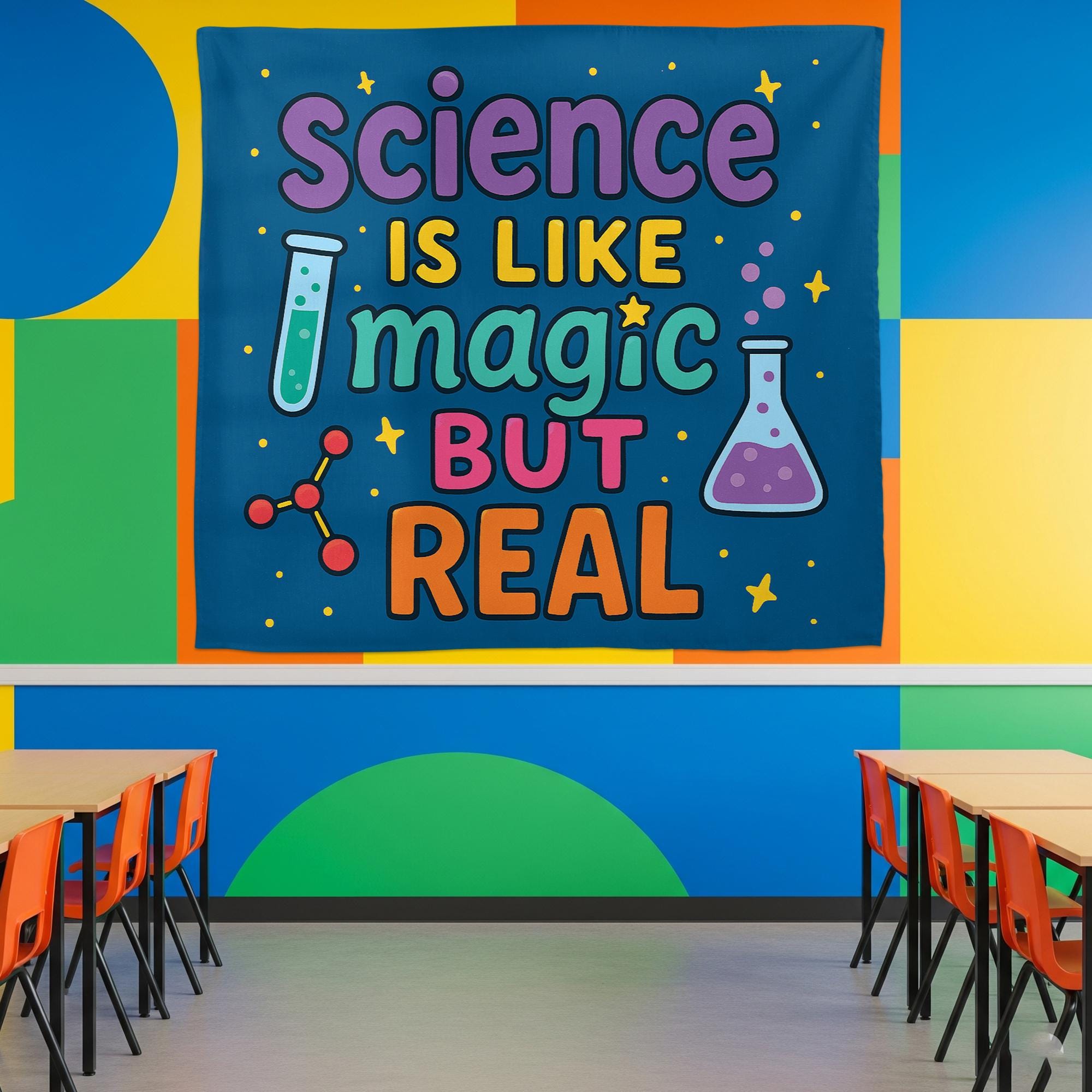 Science Is Like Magic But Real Tapestry, Classroom Wall Art, Colorful STEM Teacher Decor, Funny Science Poster for Kids