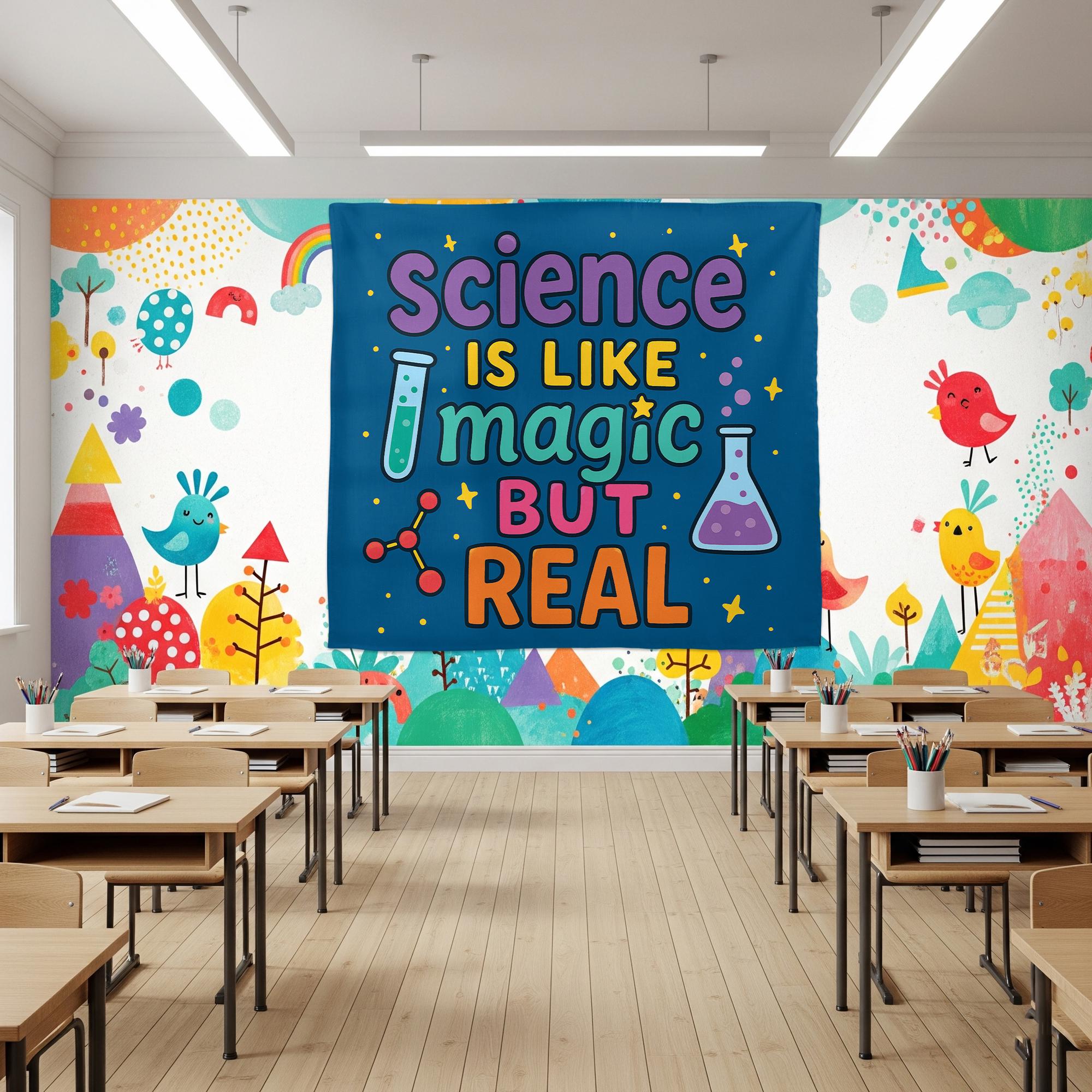 Science Is Like Magic But Real Tapestry, Classroom Wall Art, Colorful STEM Teacher Decor, Funny Science Poster for Kids