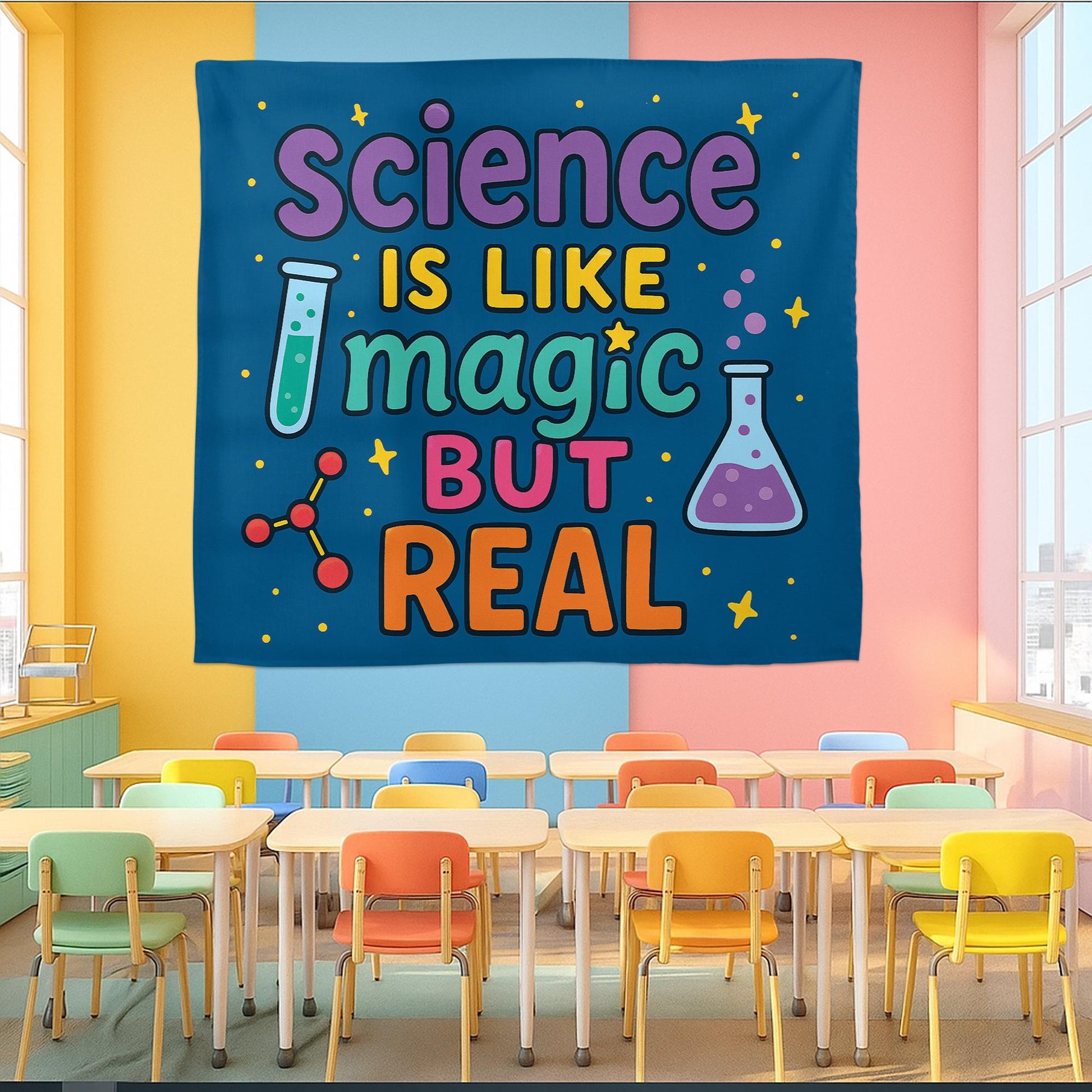Science Is Like Magic But Real Tapestry, Classroom Wall Art, Colorful STEM Teacher Decor, Funny Science Poster for Kids