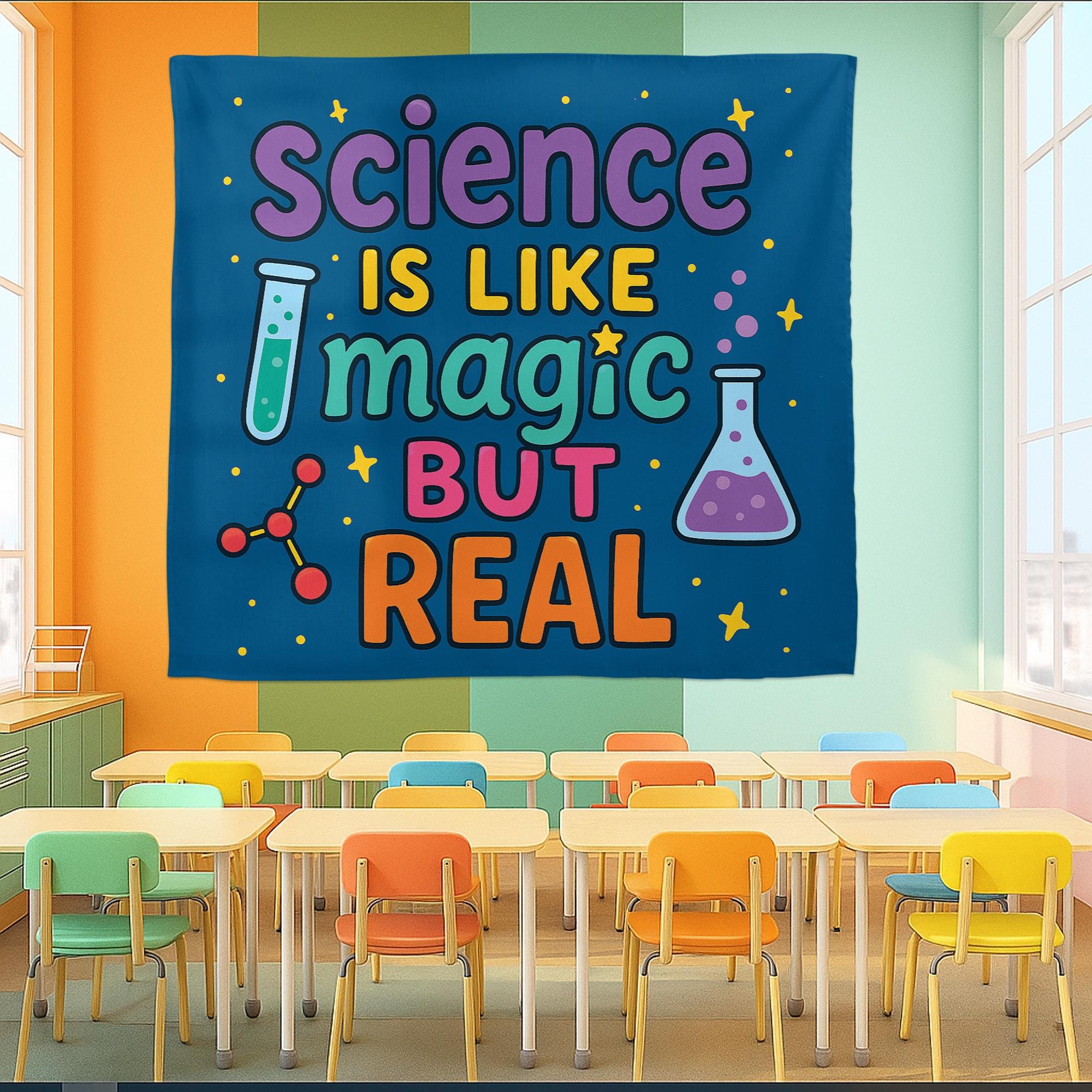 Science Is Like Magic But Real Tapestry, Classroom Wall Art, Colorful STEM Teacher Decor, Funny Science Poster for Kids