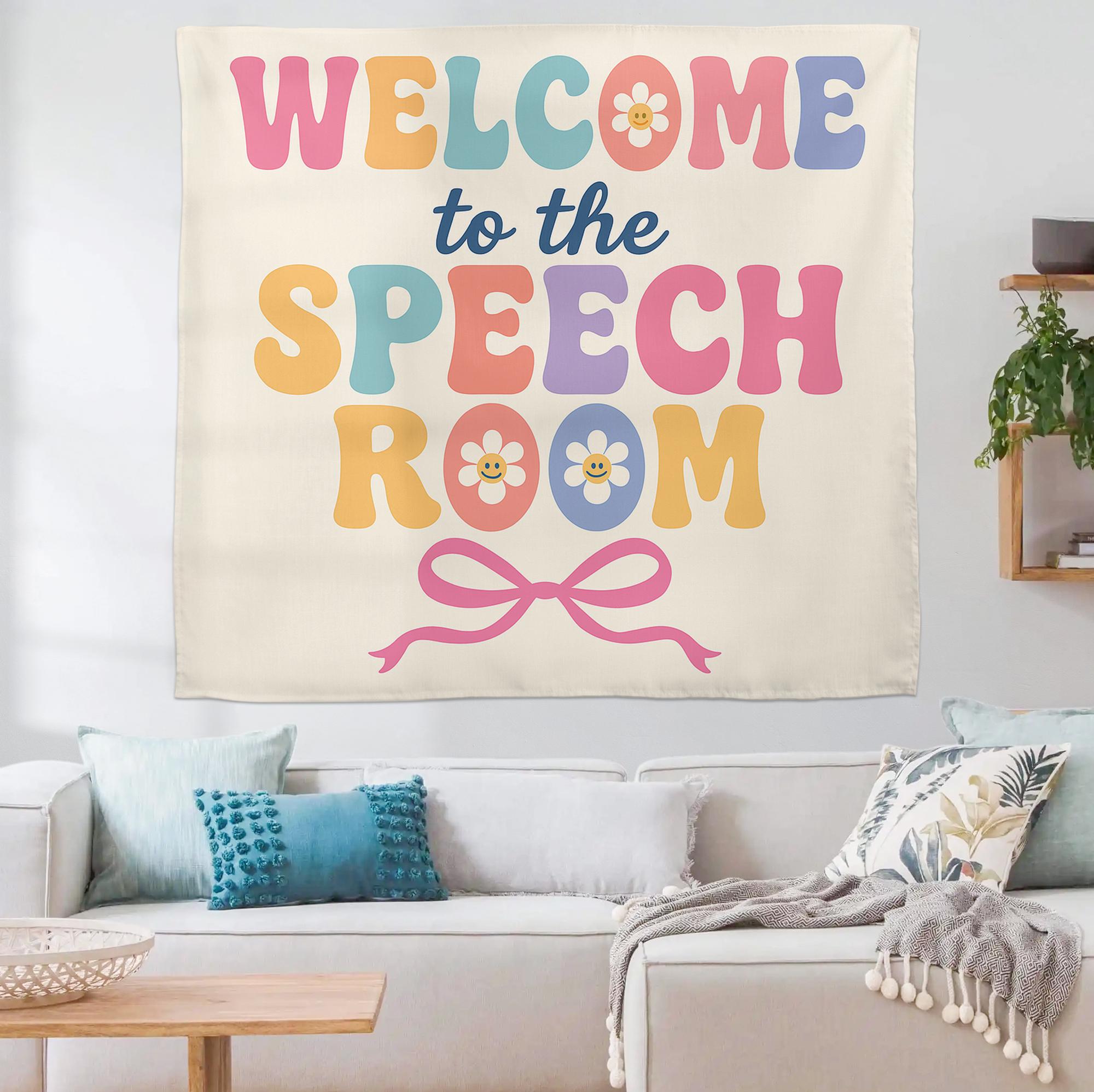 Welcome to the Speech Room Tapestry, Colorful SLP Wall Decor, Speech Therapy Office Sign, Cute Classroom Banner for Therapists