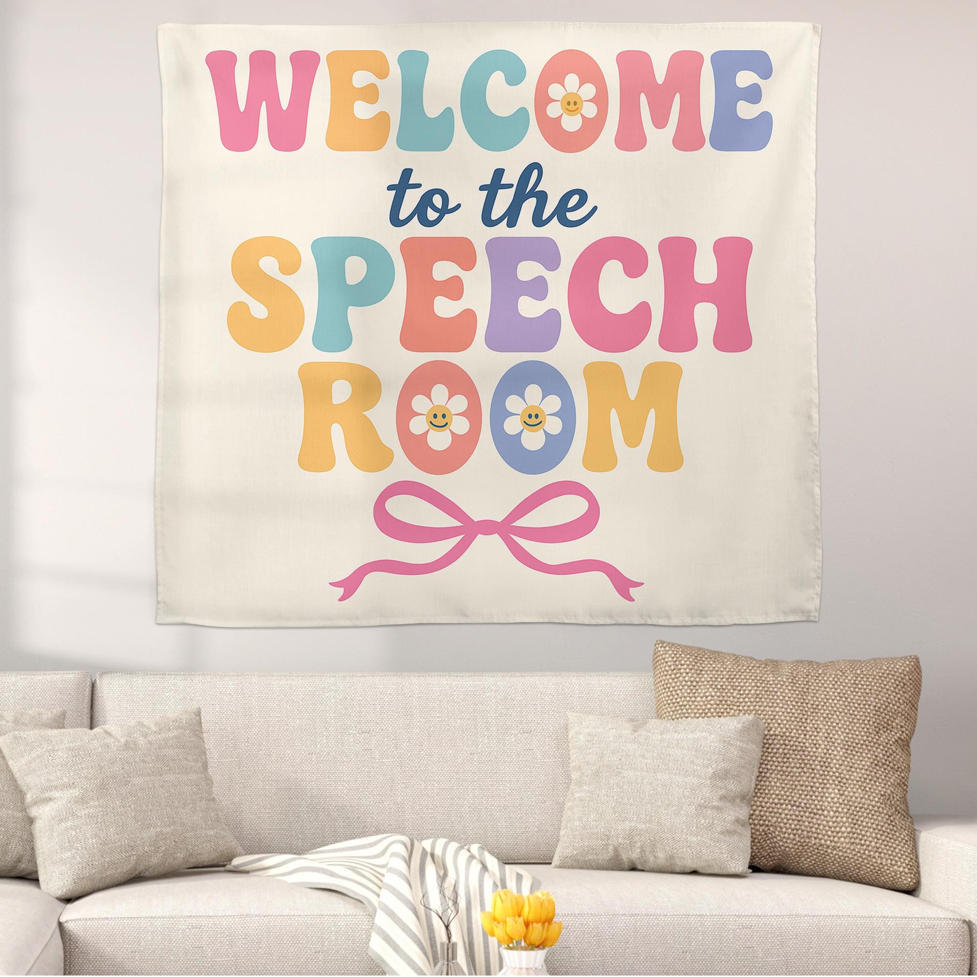 Welcome to the Speech Room Tapestry, Colorful SLP Wall Decor, Speech Therapy Office Sign, Cute Classroom Banner for Therapists