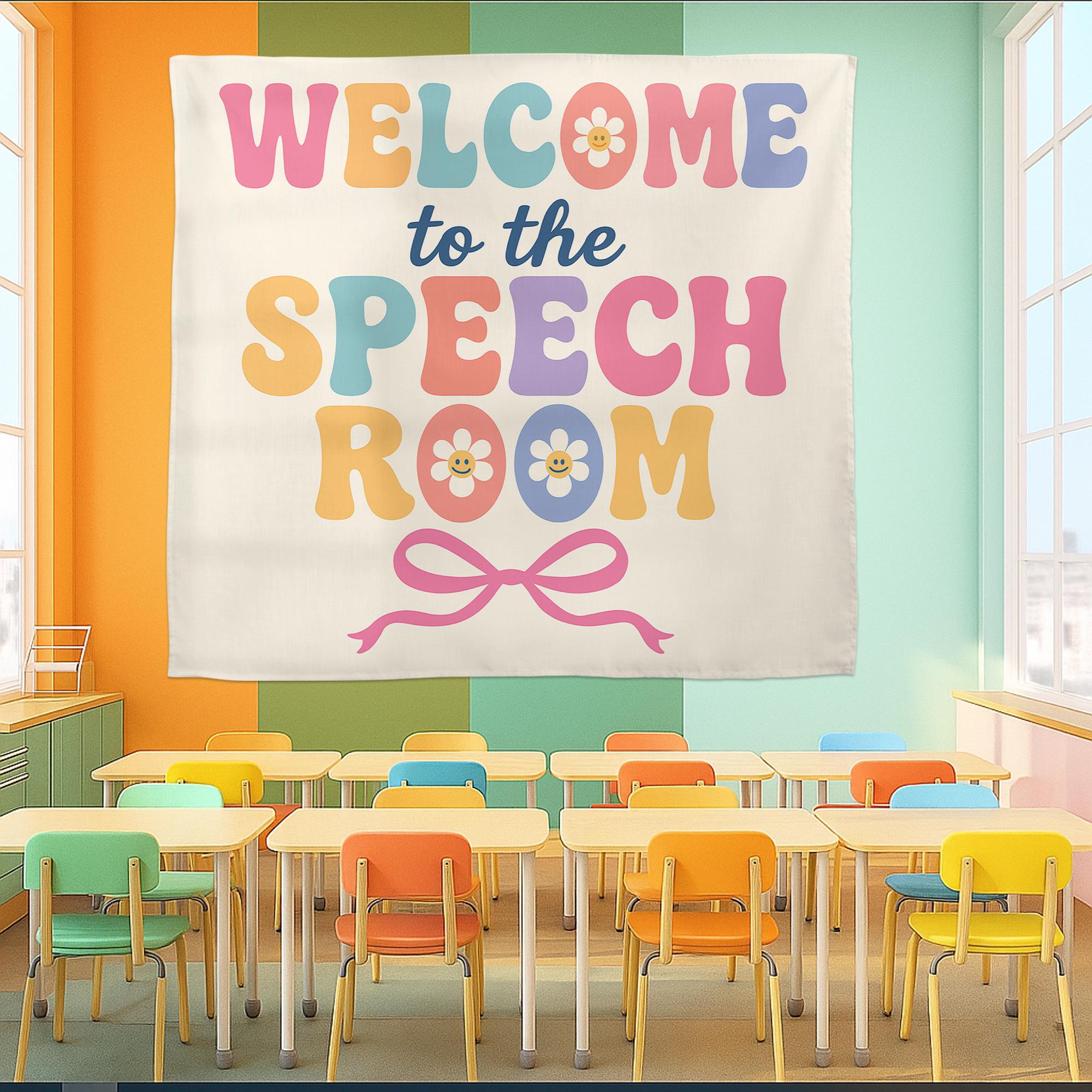 Welcome to the Speech Room Tapestry, Colorful SLP Wall Decor, Speech Therapy Office Sign, Cute Classroom Banner for Therapists