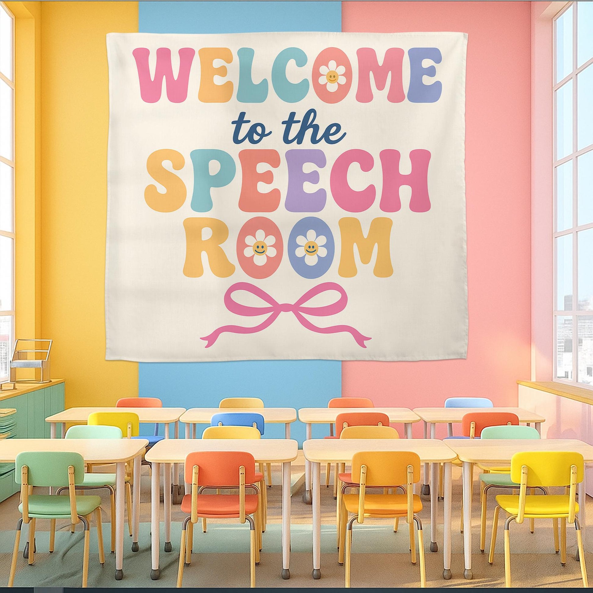 Welcome to the Speech Room Tapestry, Colorful SLP Wall Decor, Speech Therapy Office Sign, Cute Classroom Banner for Therapists