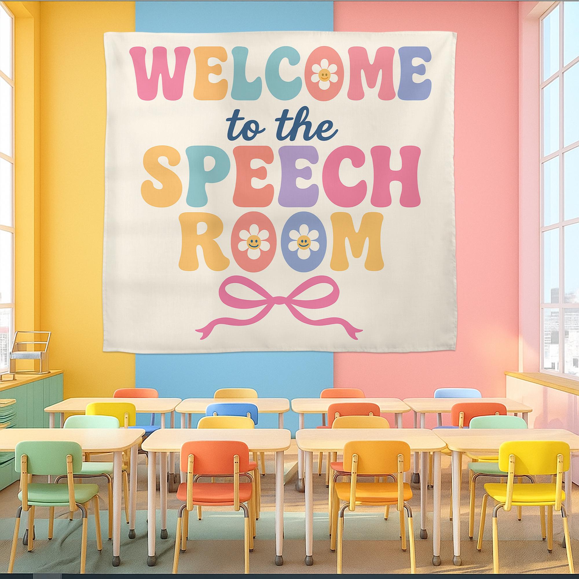 Welcome to the Speech Room Tapestry, Colorful SLP Wall Decor, Speech Therapy Office Sign, Cute Classroom Banner for Therapists