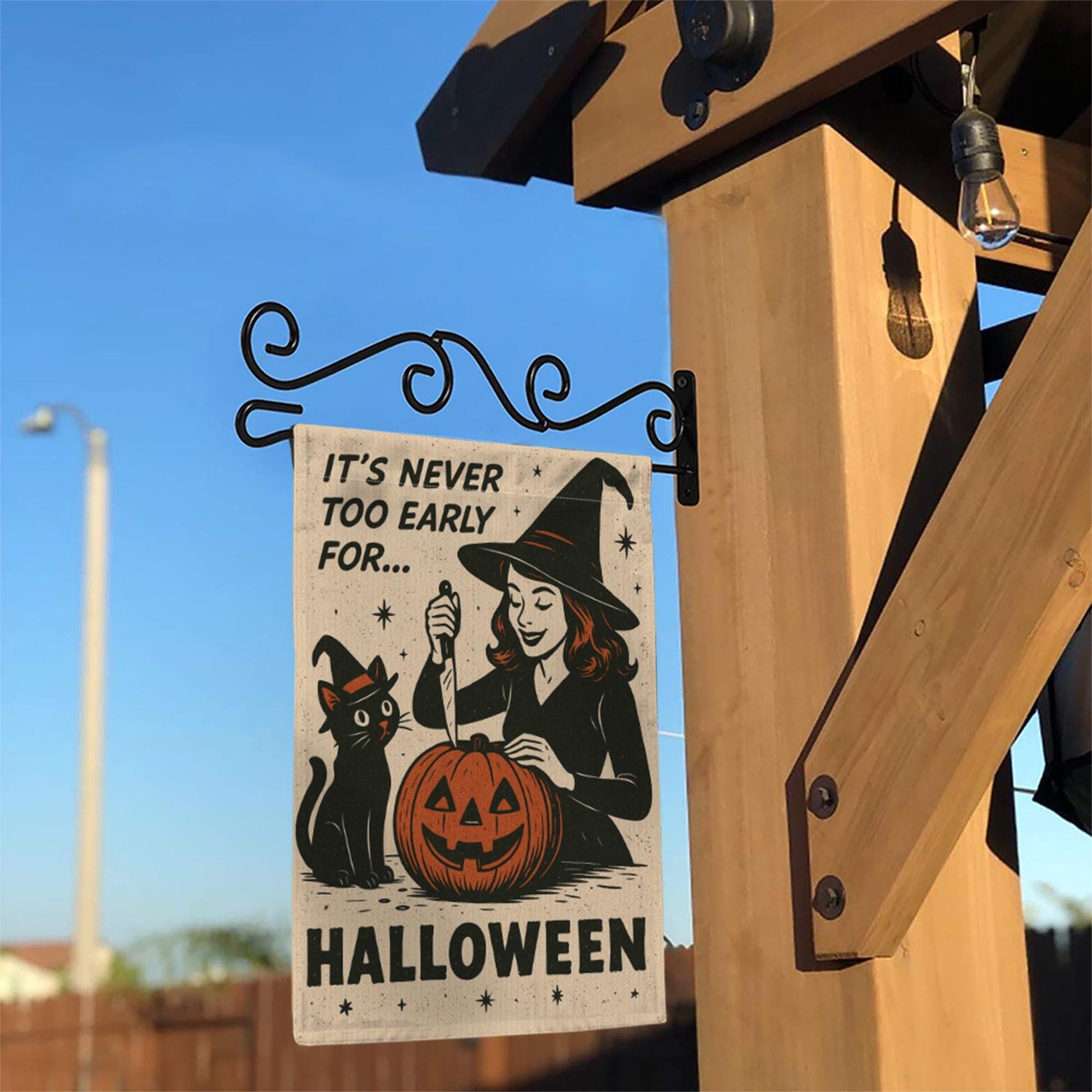 Retro Halloween Garden Flag | Witch & Black Cat Fall Yard Decor | It’s Never Too Early for Halloween | Vintage Pumpkin Outdoor Sign