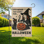Retro Halloween Garden Flag | Witch & Black Cat Fall Yard Decor | It’s Never Too Early for Halloween | Vintage Pumpkin Outdoor Sign