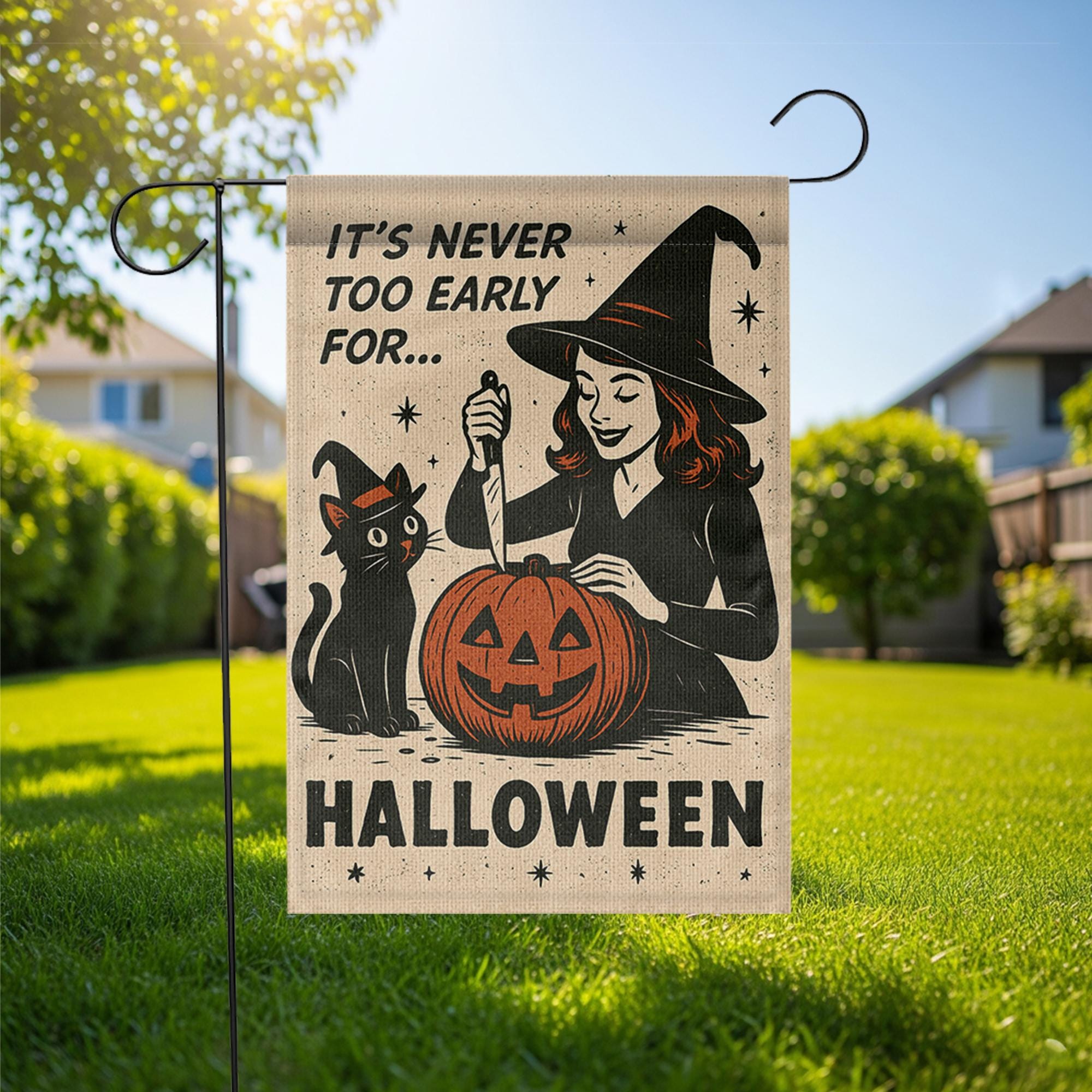 Retro Halloween Garden Flag | Witch & Black Cat Fall Yard Decor | It’s Never Too Early for Halloween | Vintage Pumpkin Outdoor Sign