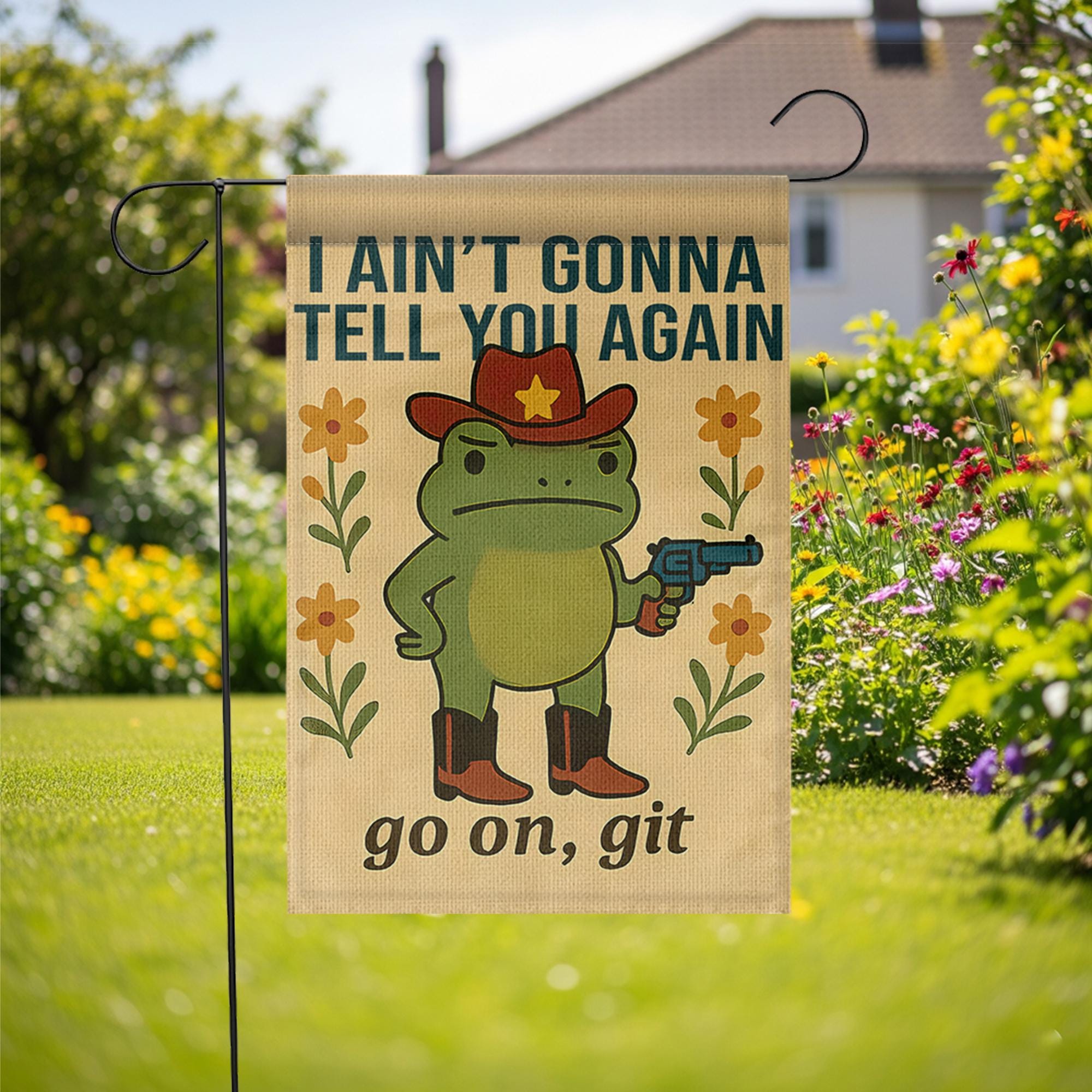 Funny Cowboy Frog Garden Flag | Go On Git Yard Sign | Southern Humor Outdoor Decor | Country Porch Banner | Frog Lawn Flag
