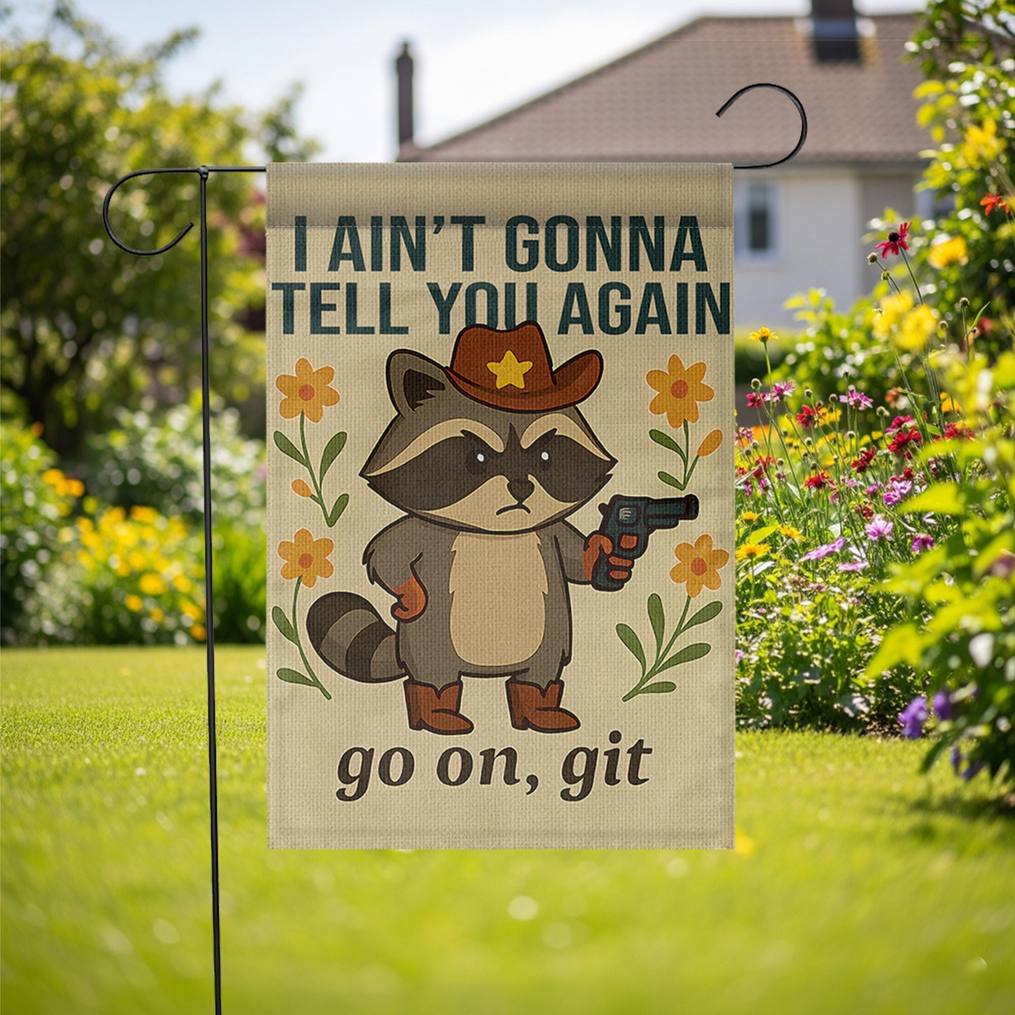 Funny Cowboy Raccoon Garden Flag | Go On Git Yard Decor | Rustic Outdoor Humor Sign | Country Porch Banner | Wild West Lawn Flag